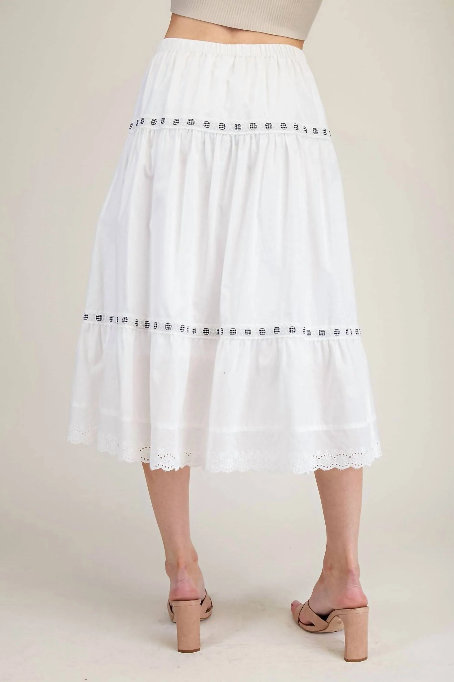 Tiered Lace Trim Midi Skirt In White