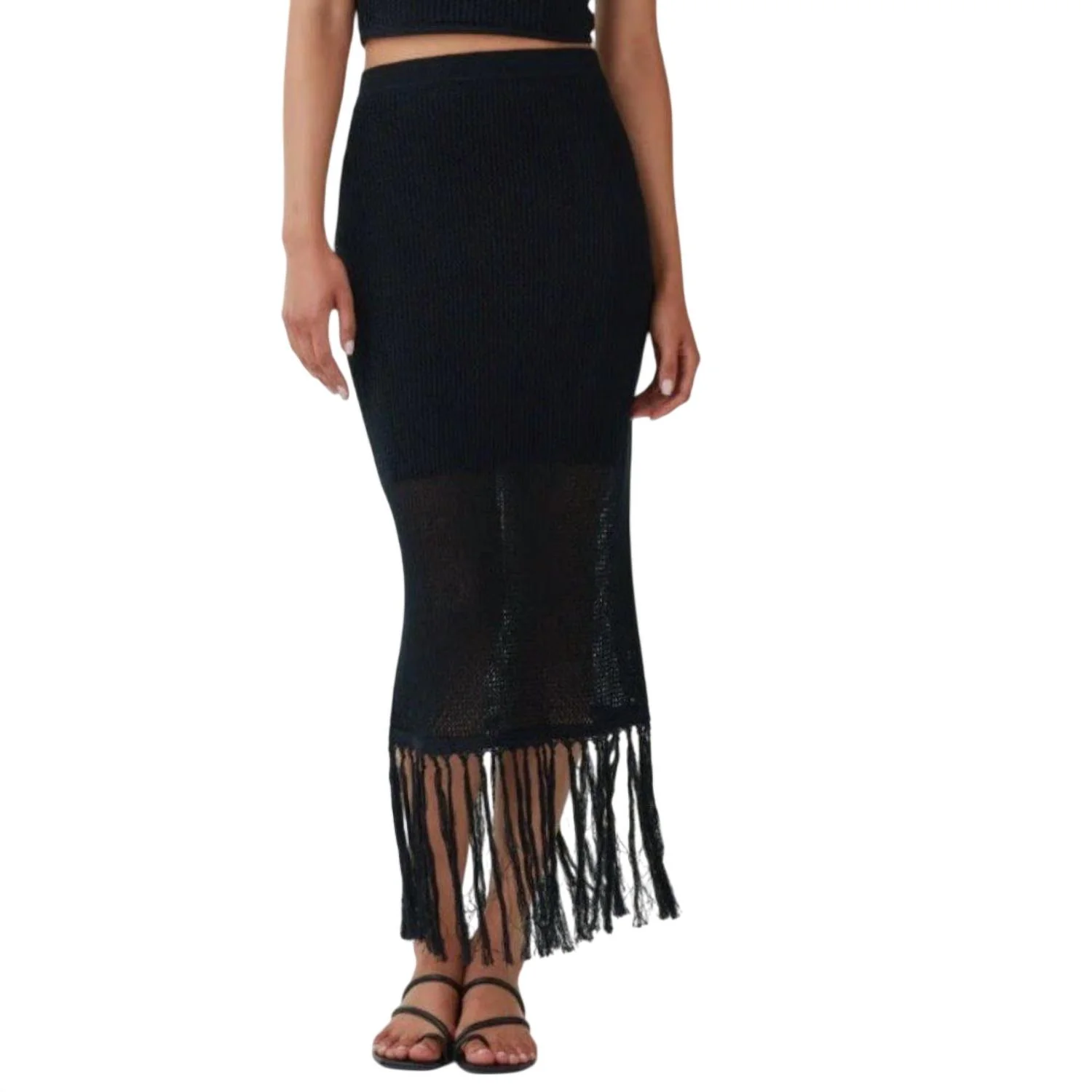 Women's Knit Fringe Maxi Skirt In Black