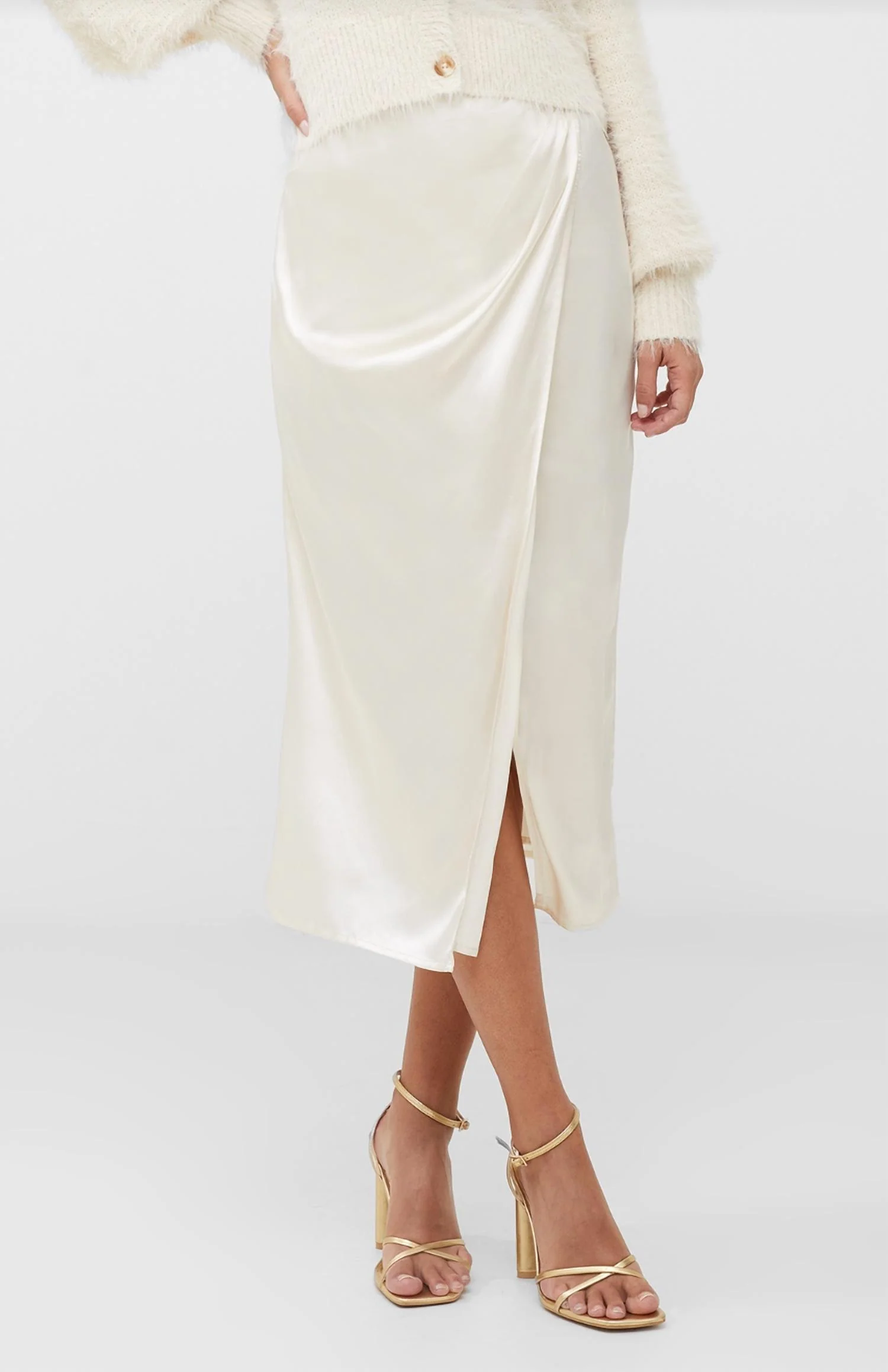 Inu Satin Midi Wrap Skirt In Classic Cream