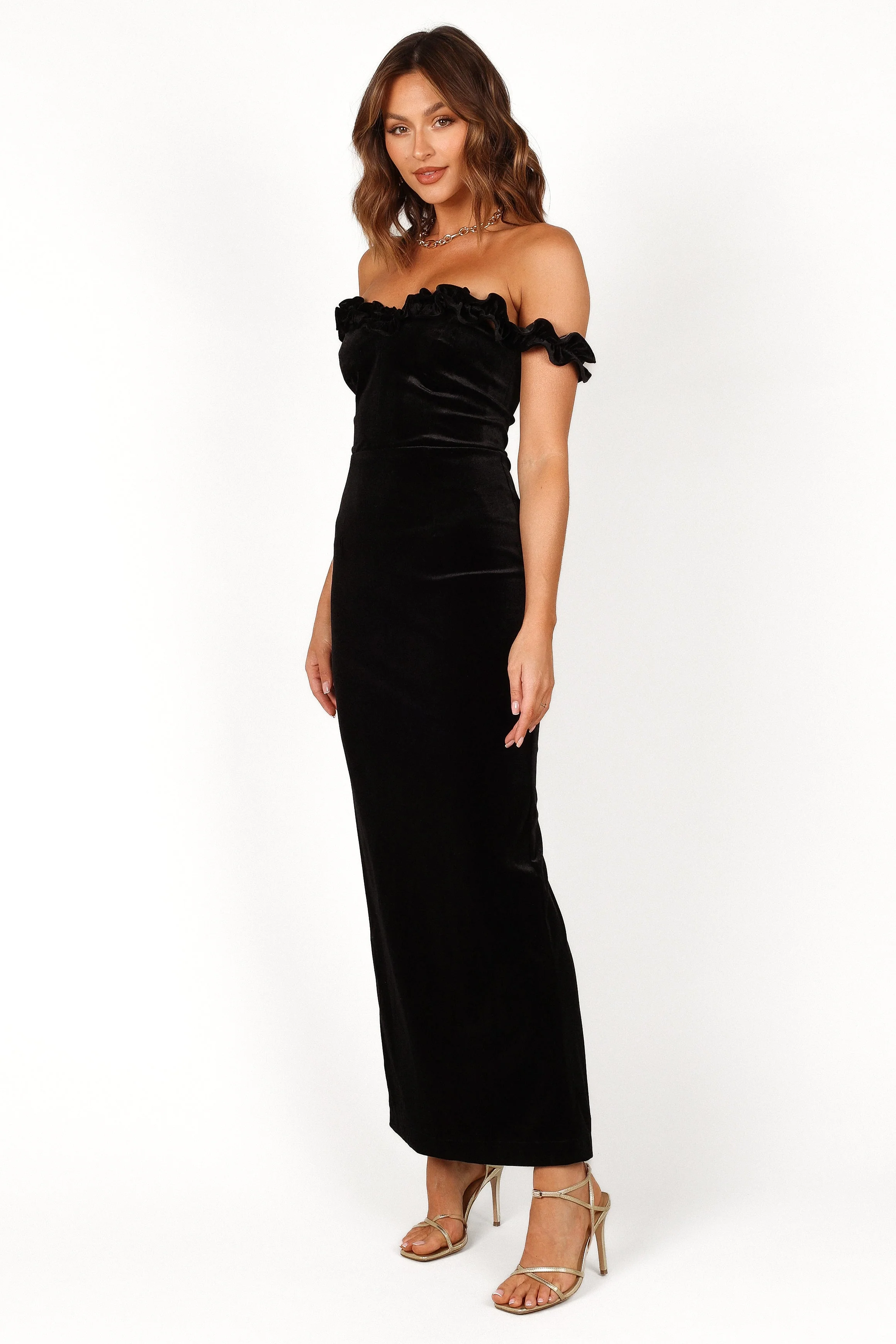 Celeste Off Shoulder Velvet Maxi Dress - Black