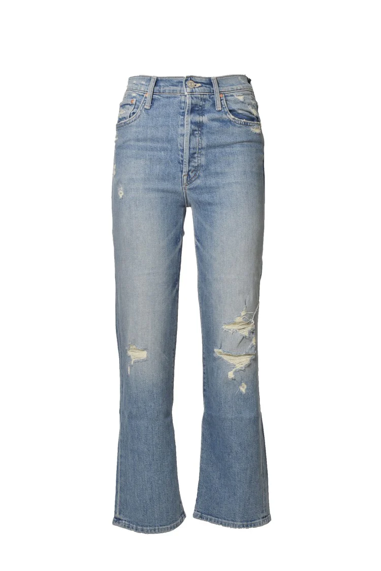 Distressed Straight Leg Jeans In Blue Denim