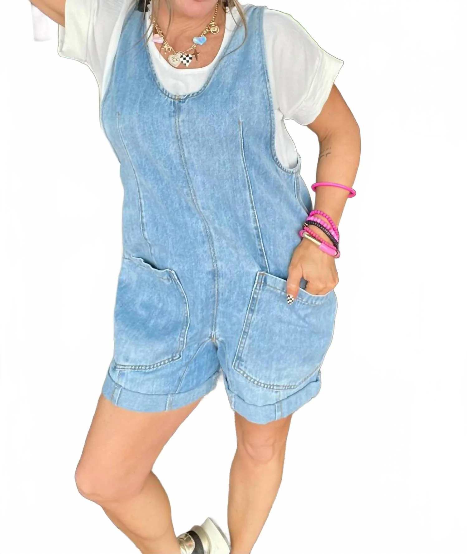 Summer Short Overalls In Light Wash