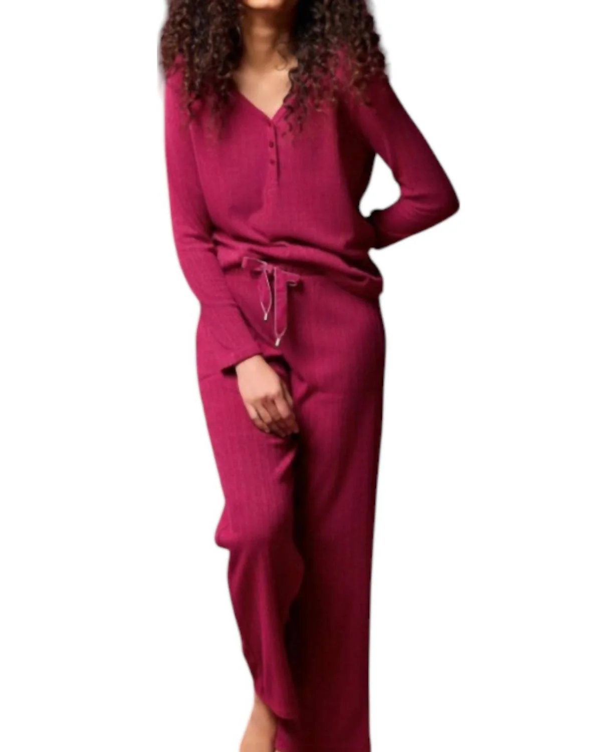 2 Piece Henley Pajama Set In Red Plum