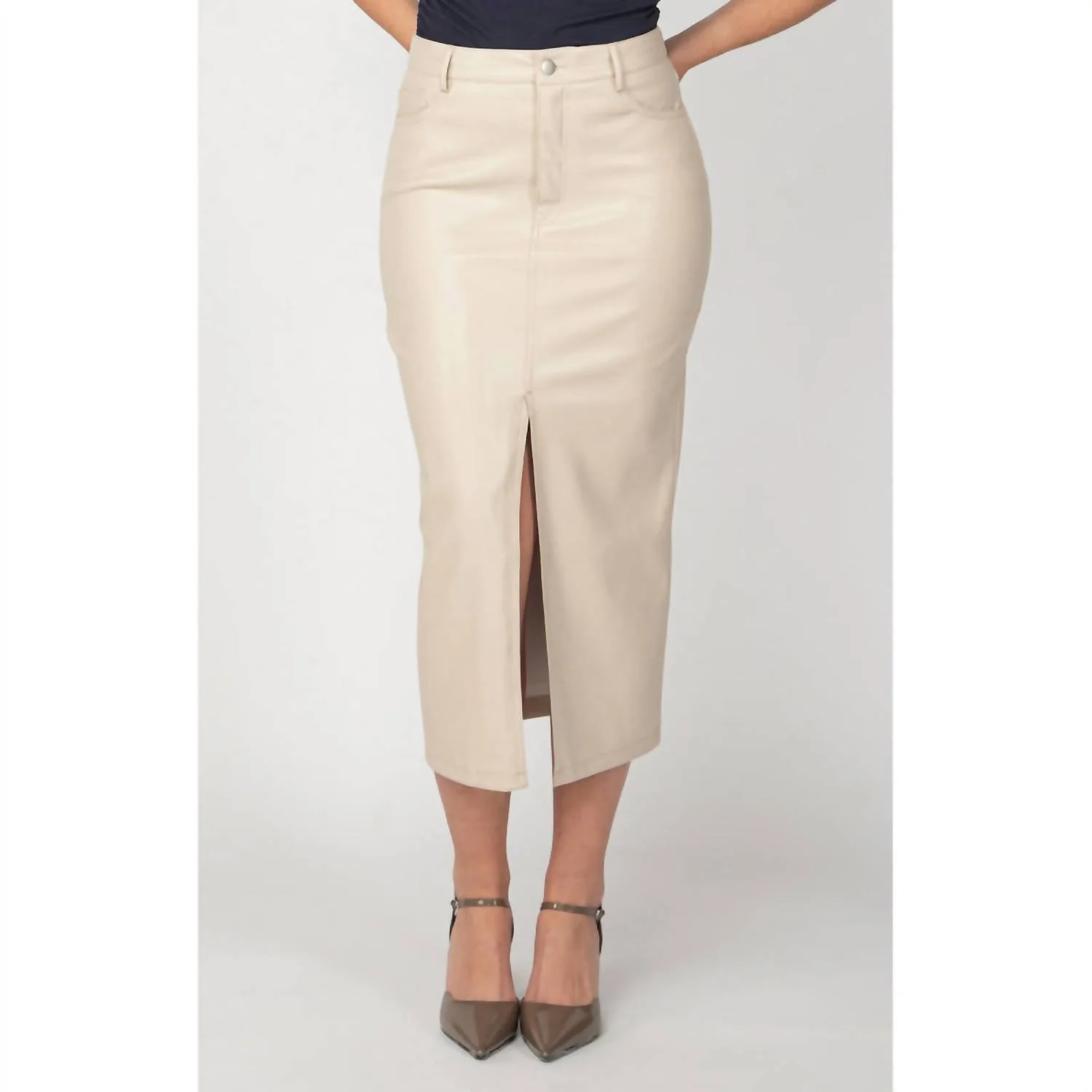 Faux Leather Midi Skirt In Bone