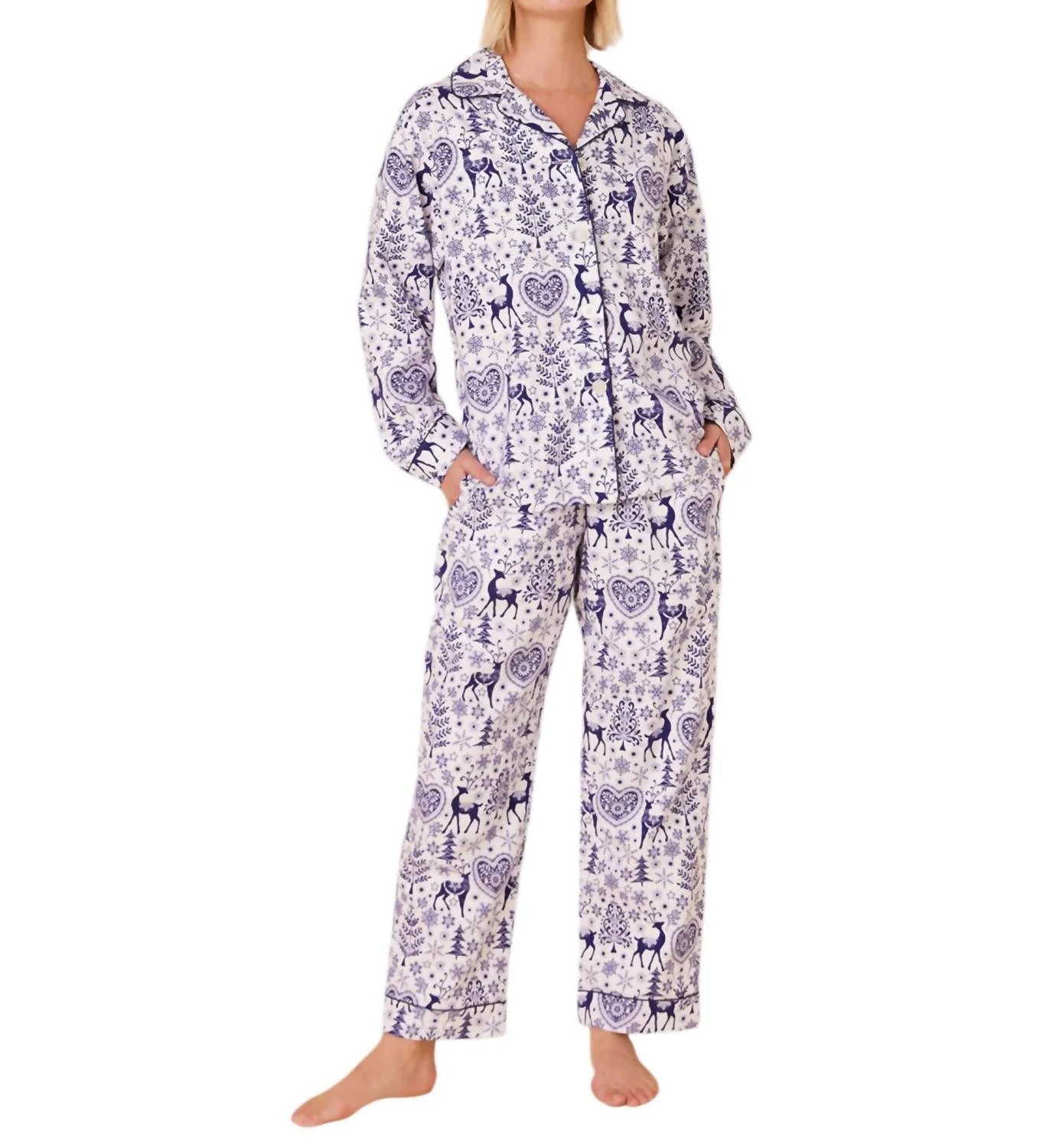 Holly Jolly Pima Flannel Pajama Set In Blue