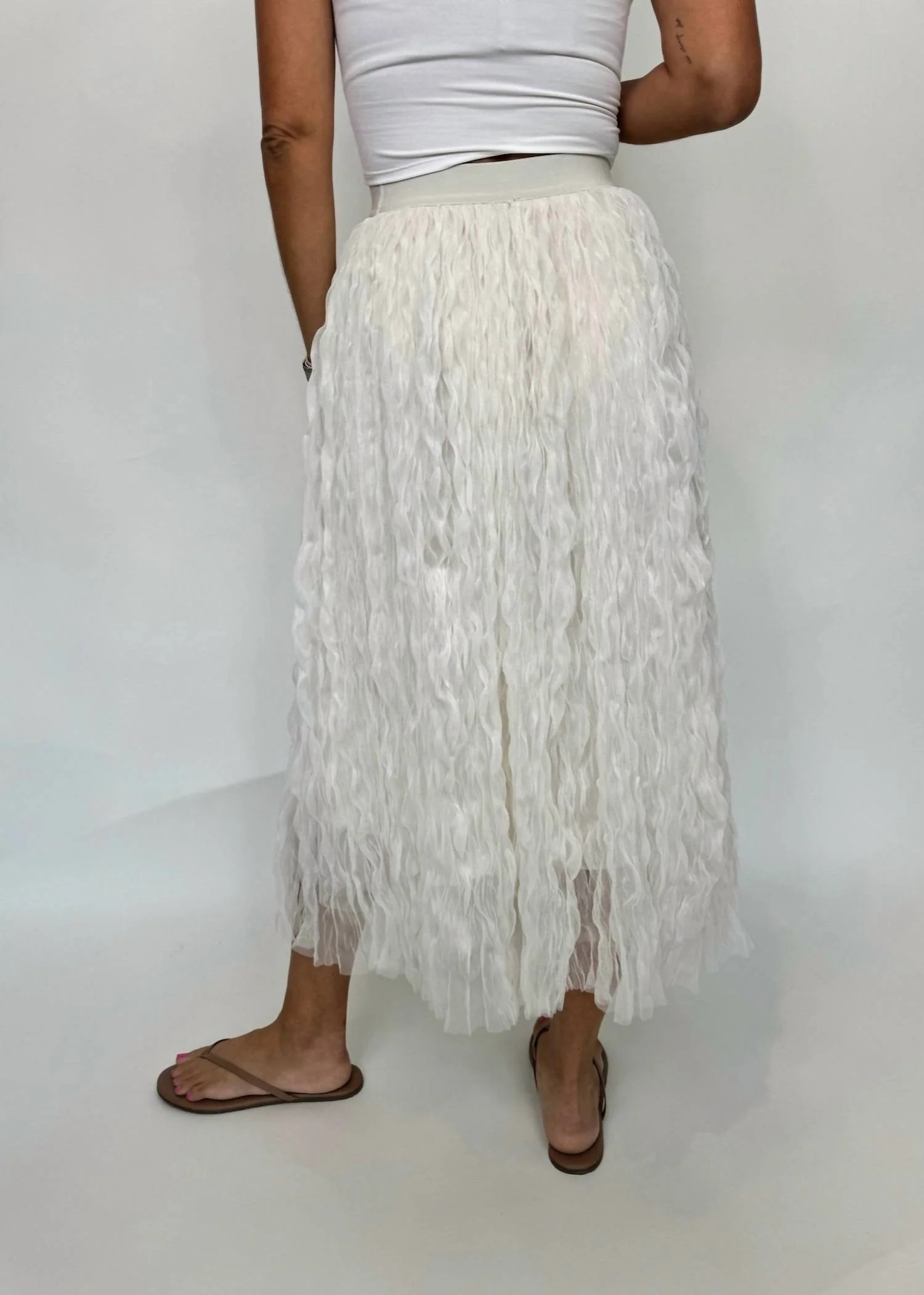 Chiffon Crinkled Midi Skirt In Ivory