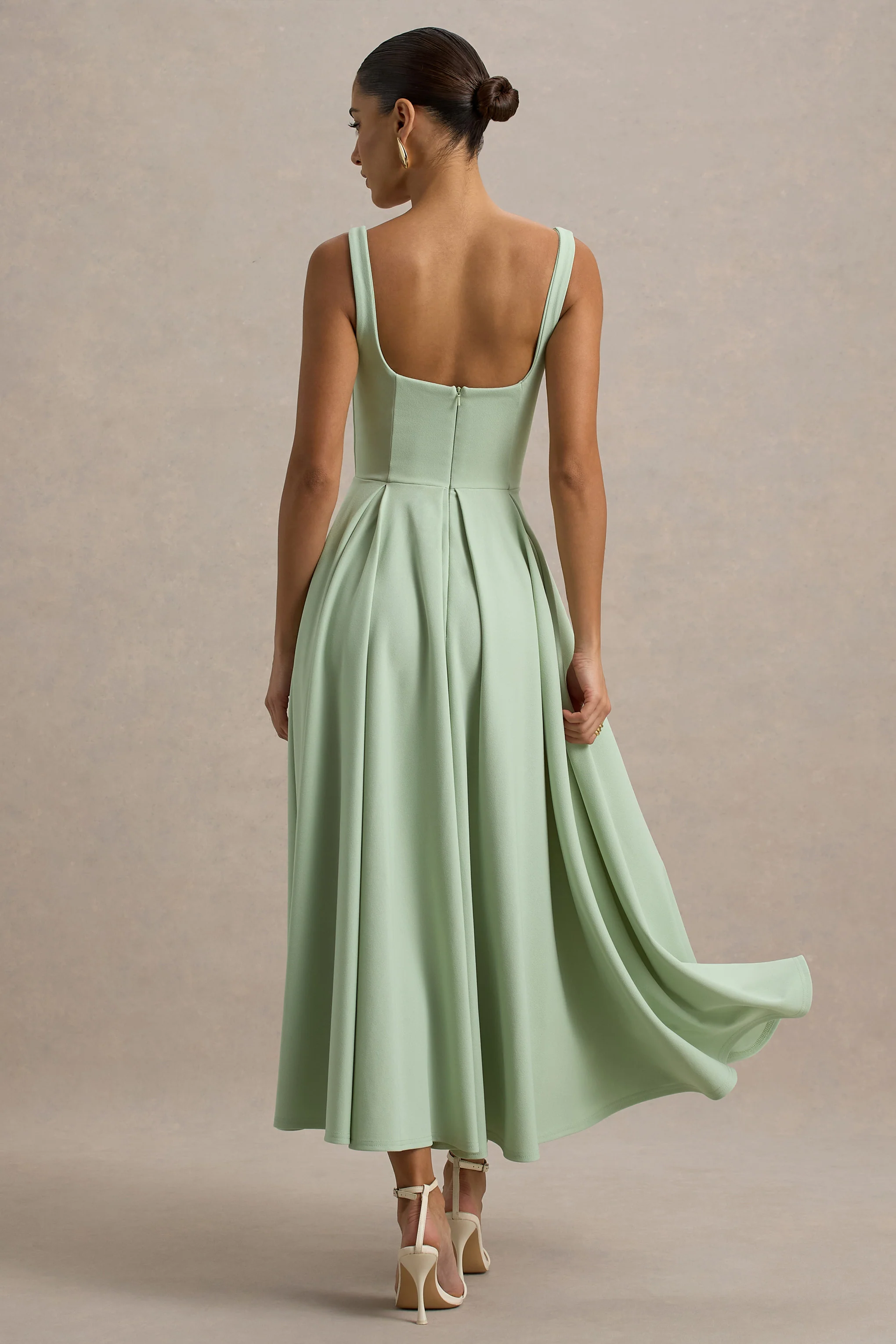 Parina | Light Green Strappy Volume-Hem Midi Dress