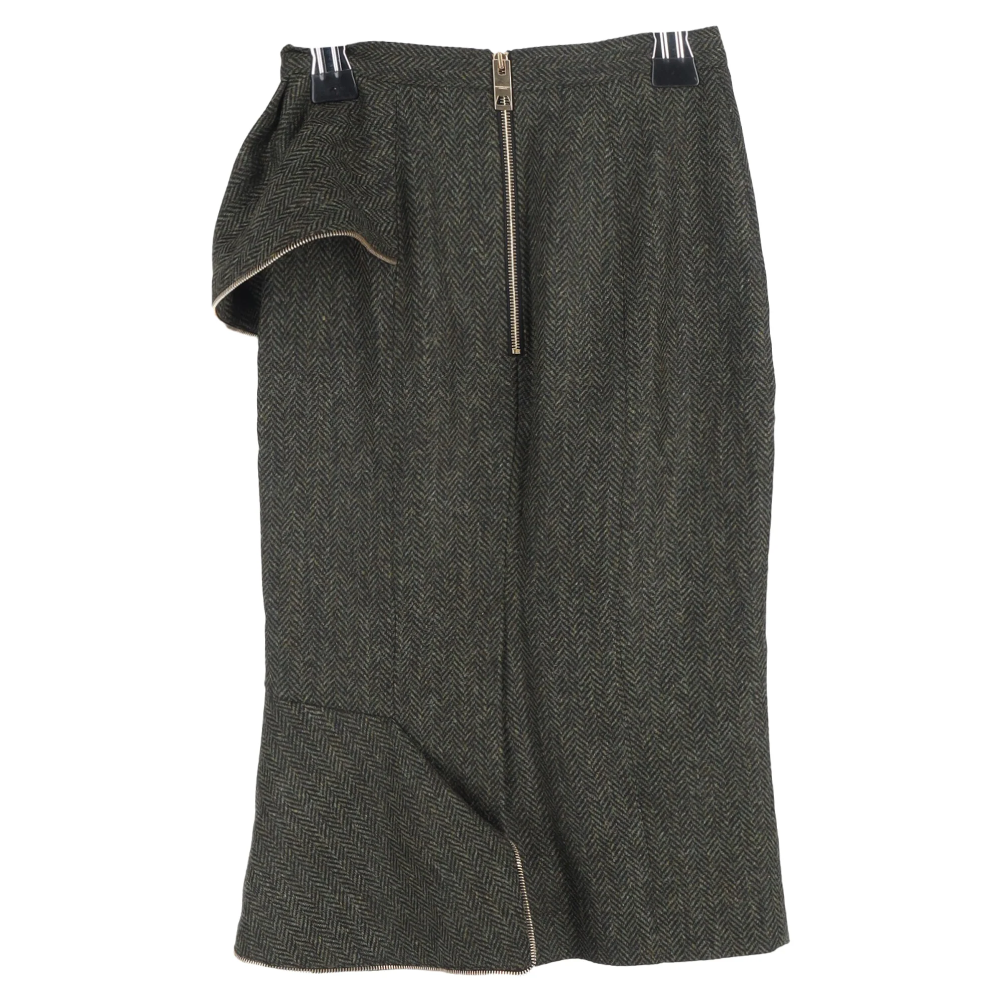 Burberry Prorsum Ruffled Midi Pencil Skirt in Green Wool