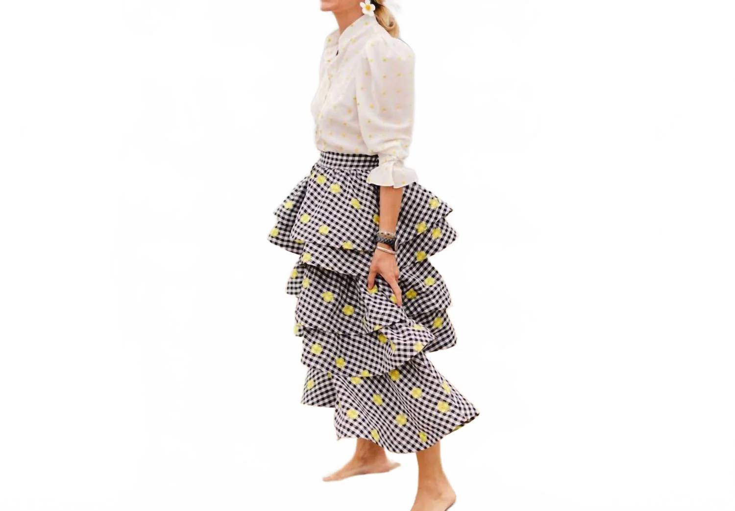 Teagan Tiered Midi Skirt In Gingham Daisy