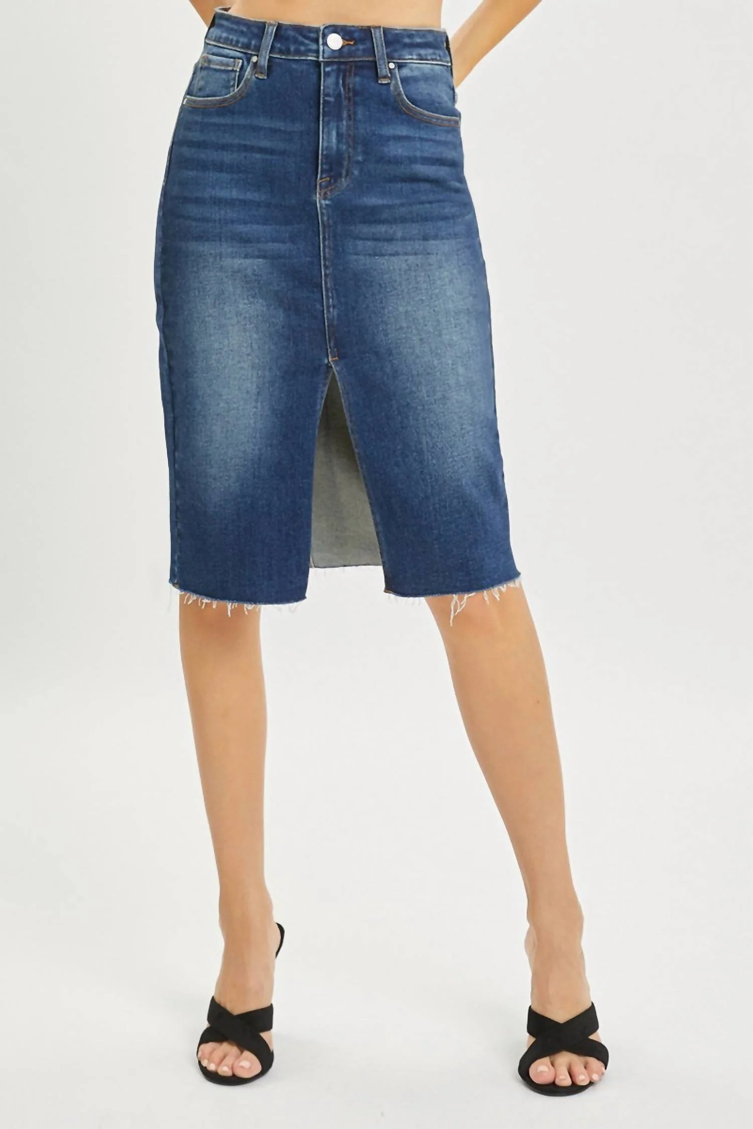 High Rise Front Slit Midi Skirt - Plus In Blue