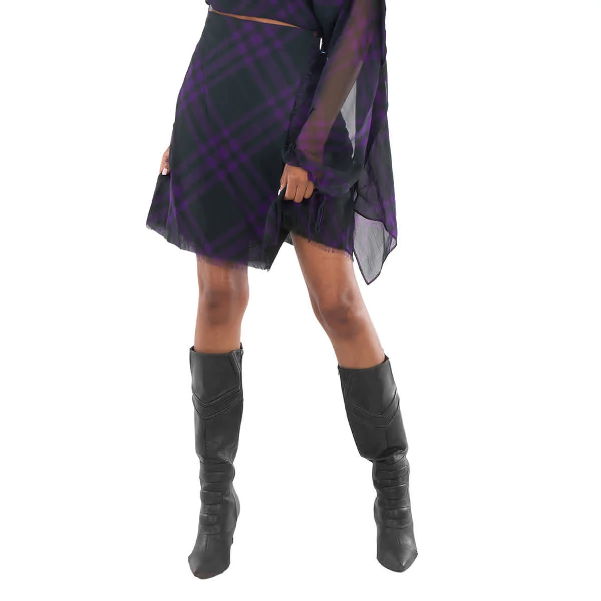 Burberry Wrap- Belt Check-Pattern Frayed Skirt