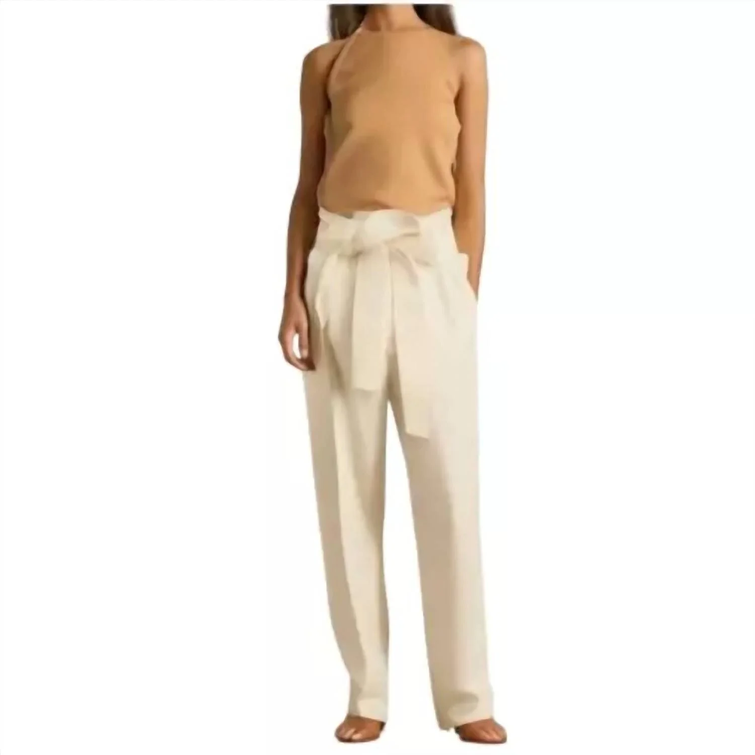 Tied Waist Pleated Front Tiago Pants In Off White