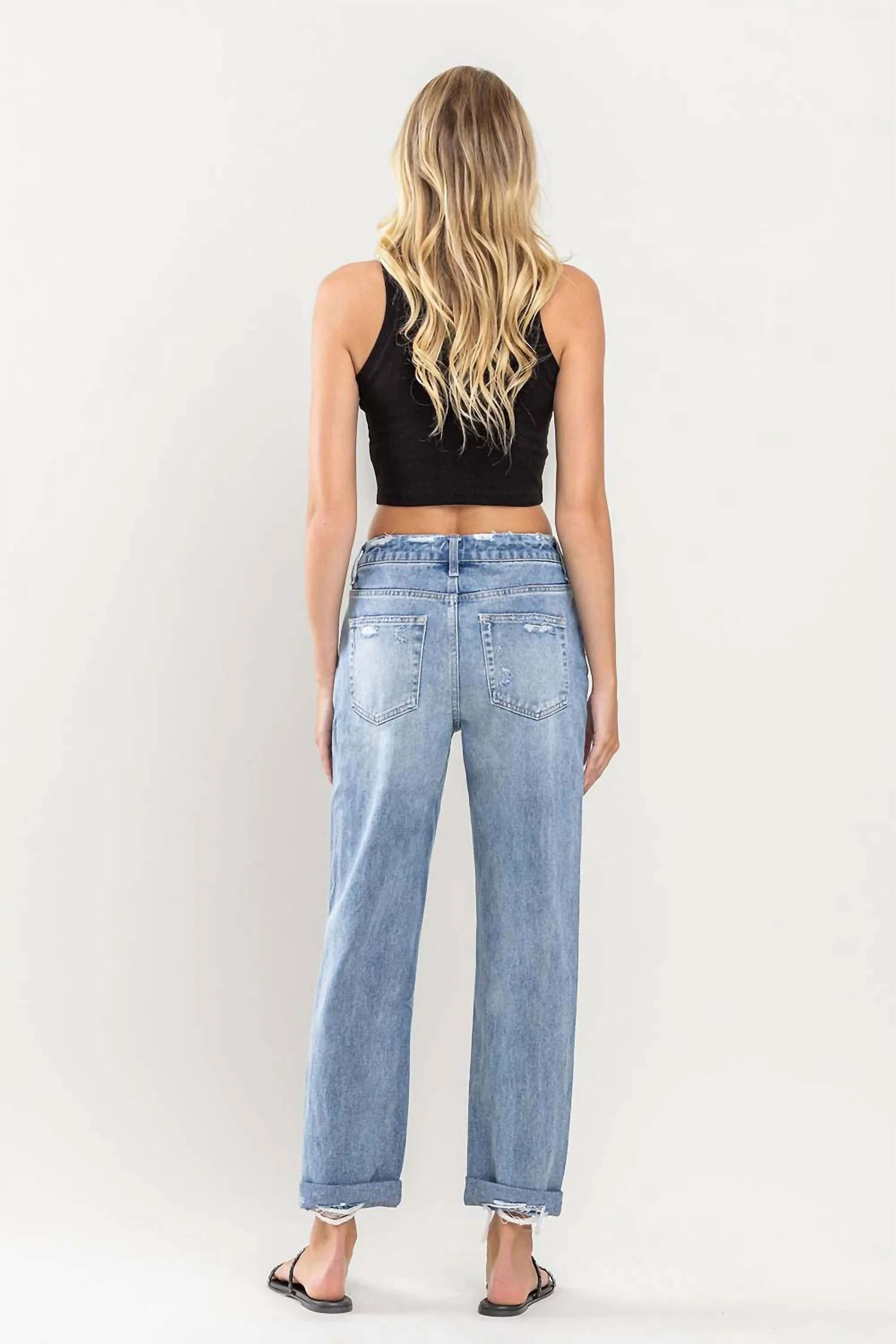 High Rise Cuffed Distressed Rigid Boyfriend Jeans In Medium