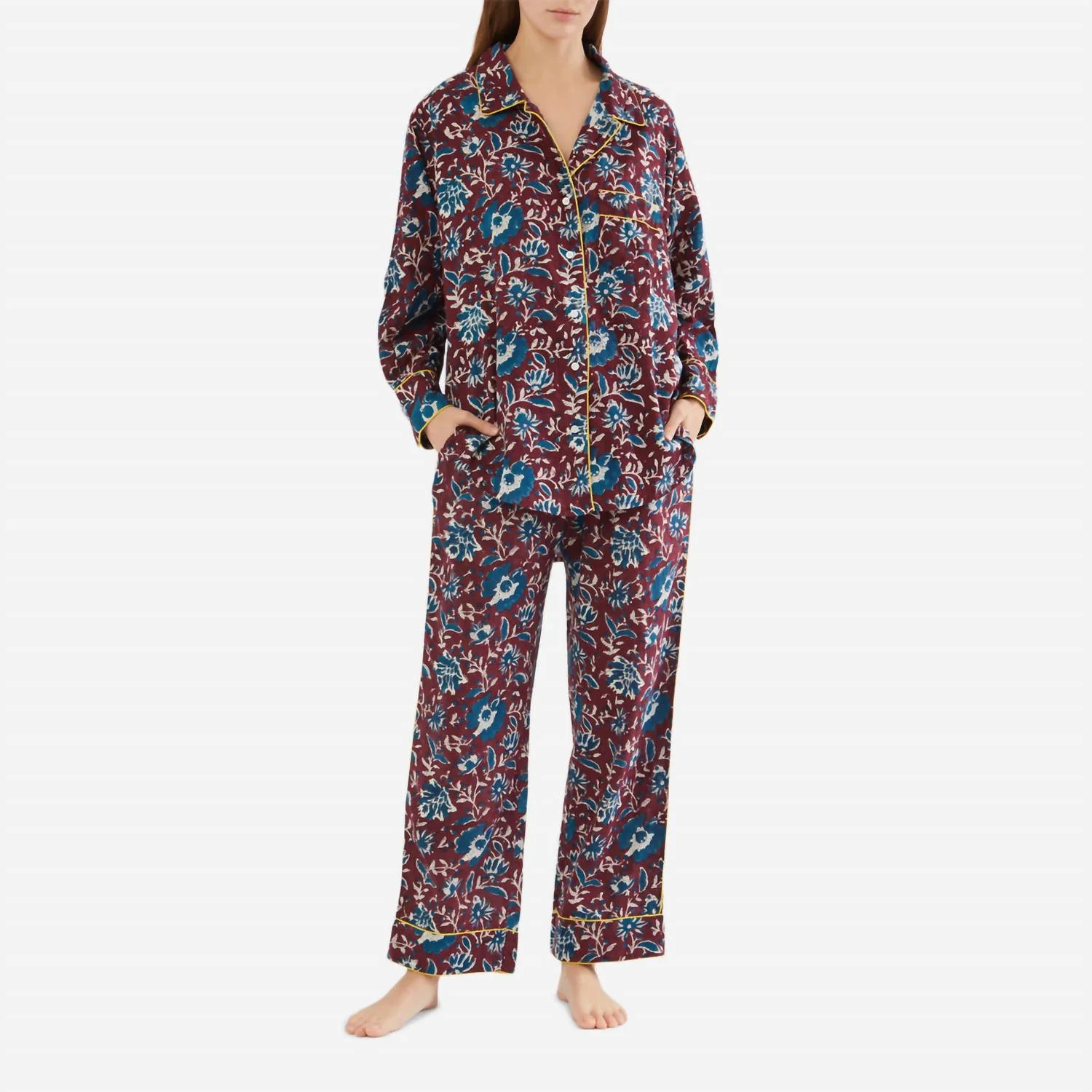 Lightweight Cotton Floral Long Pj Set In Burgundy / Petrol Blue