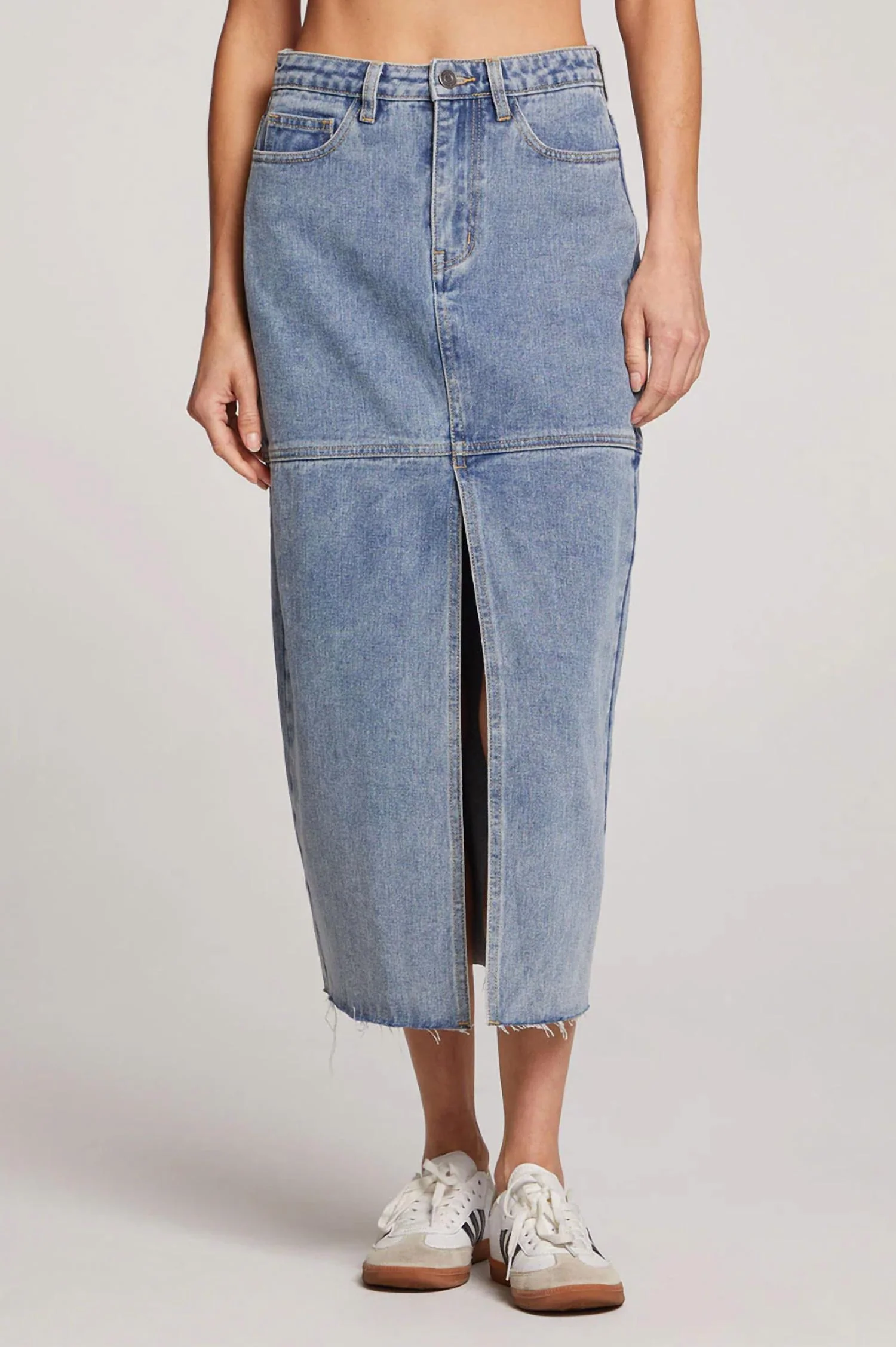 Parker Midi Skirt In Stonewash Denim