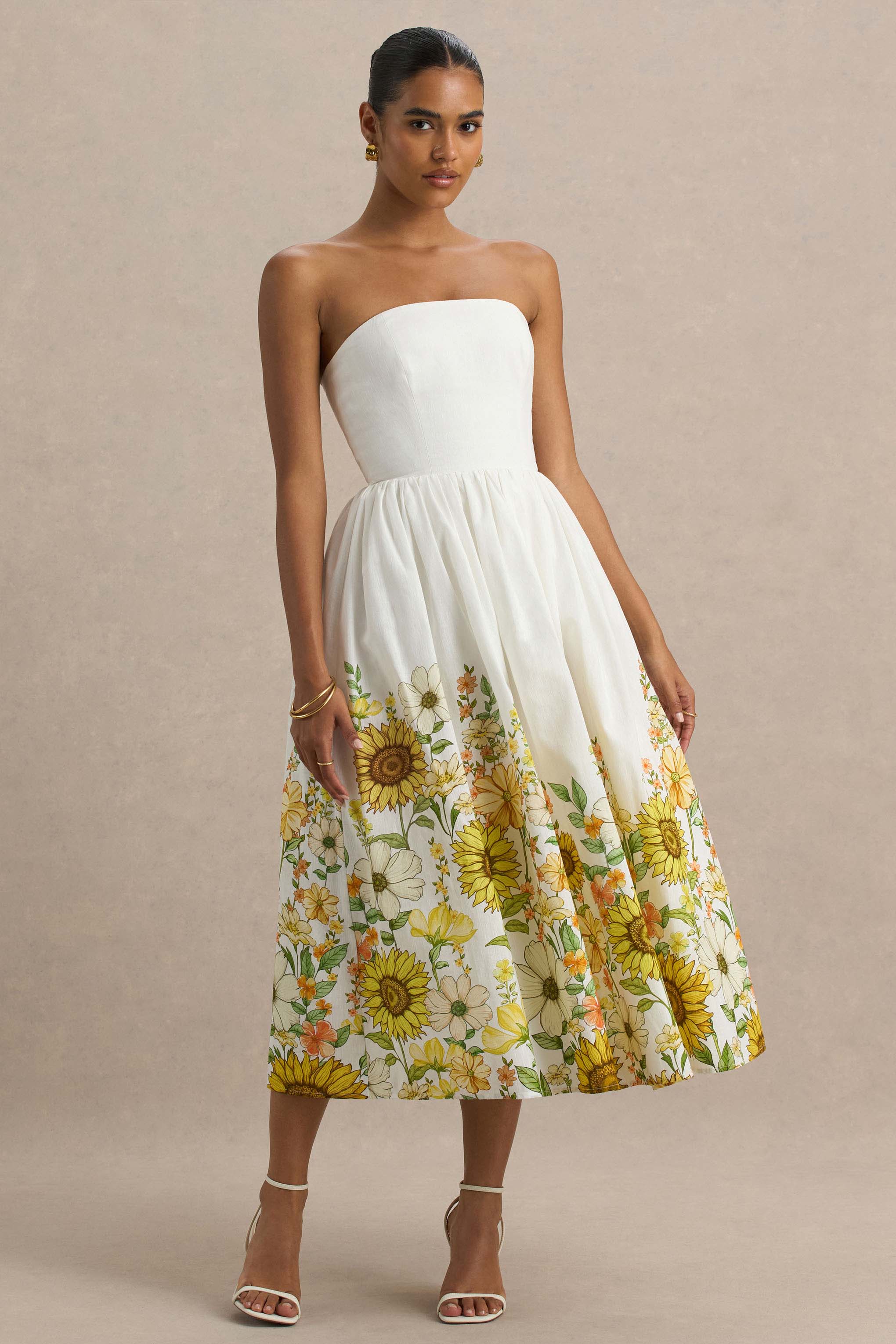 Ivory | Sunflower Print Bandeau High-Low Midi Dress