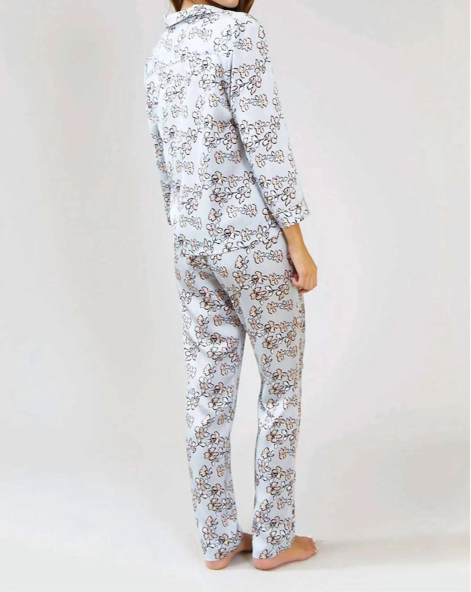 Floral Print Pajama Set In Duck Egg