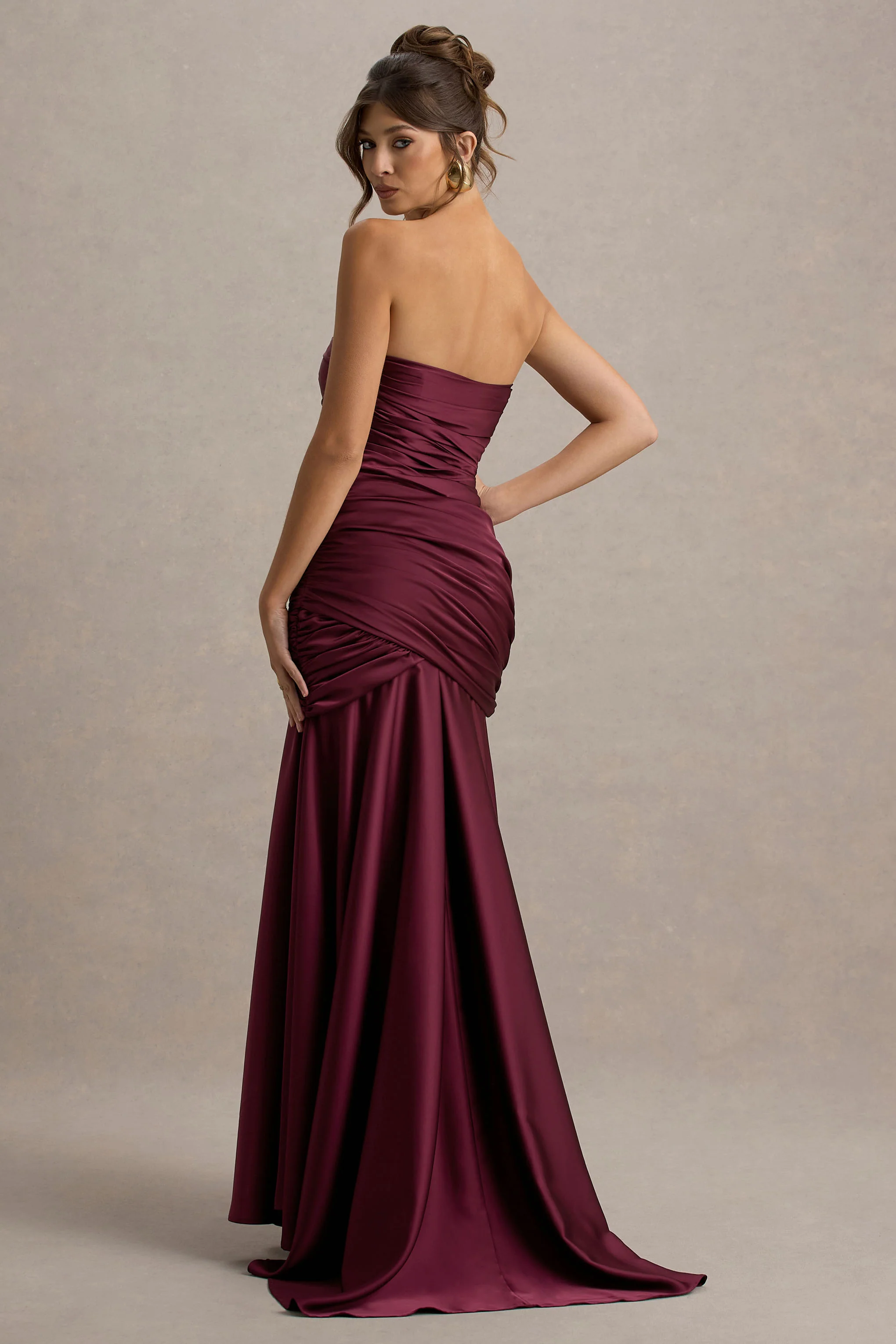 Cassidy | Burgundy Satin Bandeau Gathered Maxi Dress