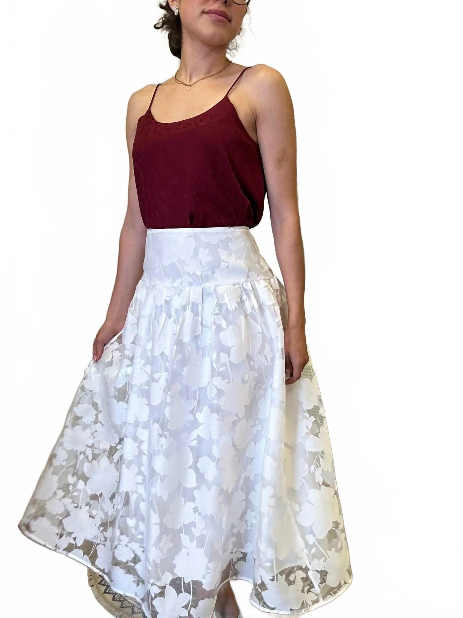 Floral Organza Midi Skirt In Ivory