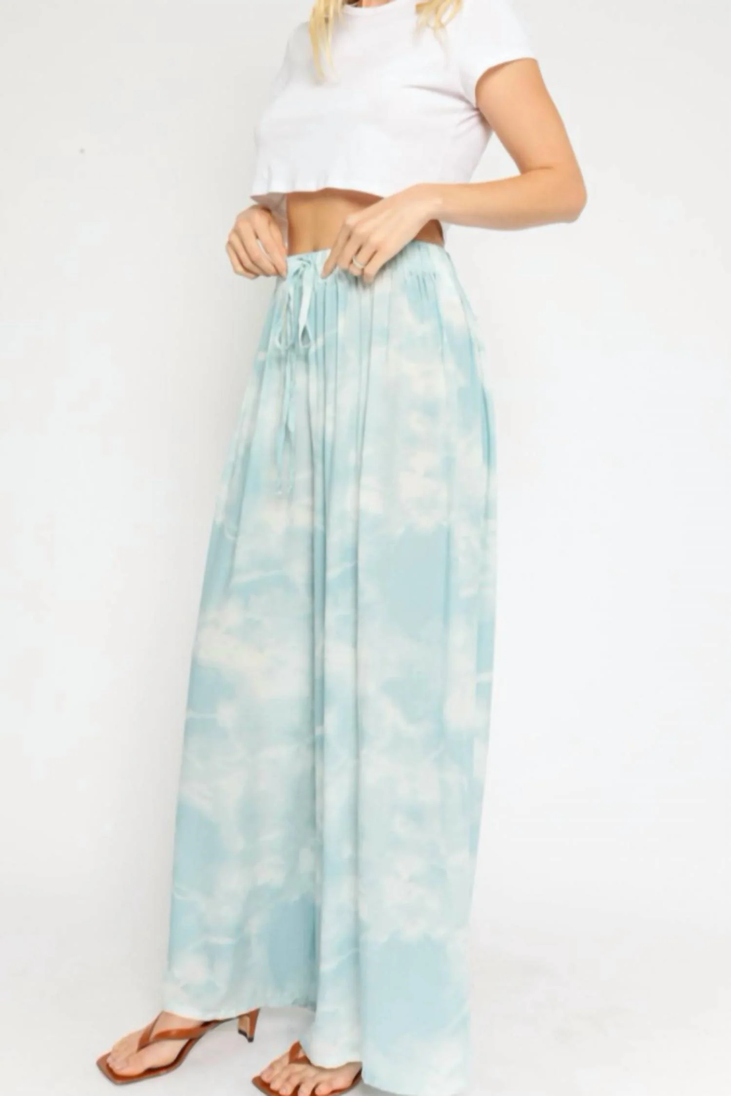 Wide Leg Drawstring Pant In Blue Tie Dye