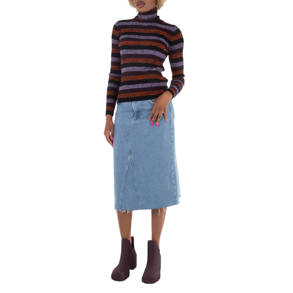 Ganni Ladies Light Blue Stone Denim Organic Cotton Midi Skirt