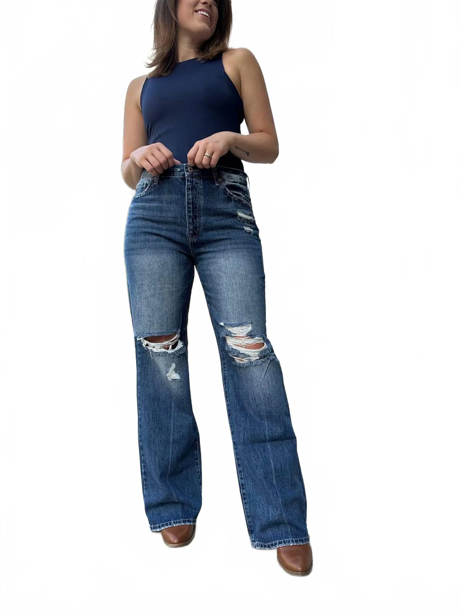 Ultra High Rise Distressed Nineties Flare Jeans In Blue