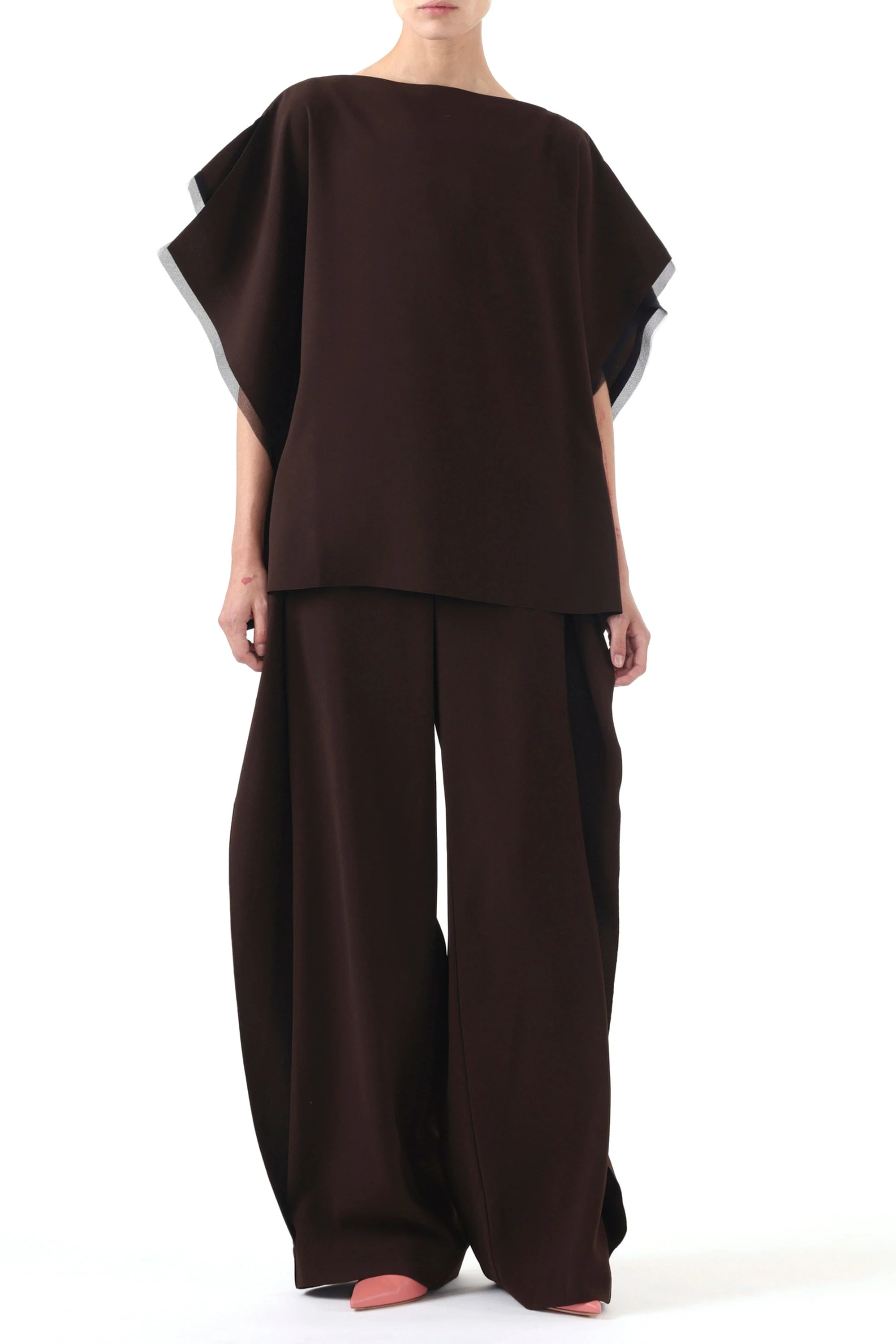 MID RISE CREPE STRAIGHT LEG PANTS WITH SIDE RUFFLE