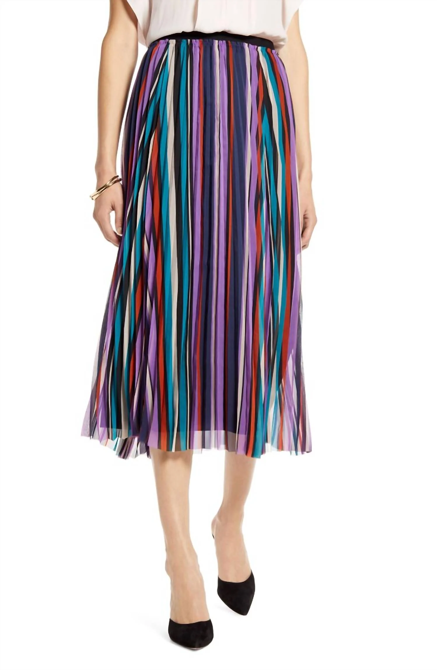 Striped Pleated Elastic Waist Midi Skirt Pleated Chiffon In Multicolor