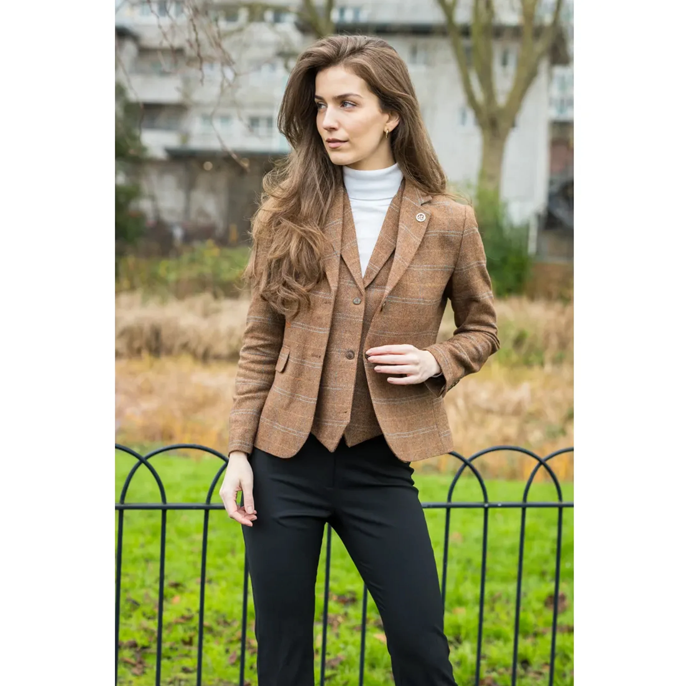 Women's Oak Brown 2 Piece Set Tweed Blazer Waistcoat in Herringbone Check