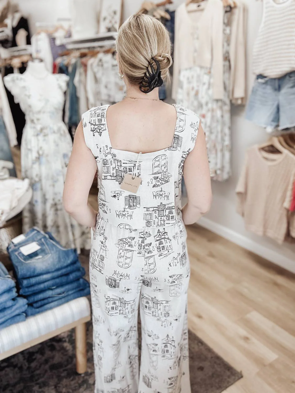 Toile Print Crop Top Wide Leg Pant Linen Set In White