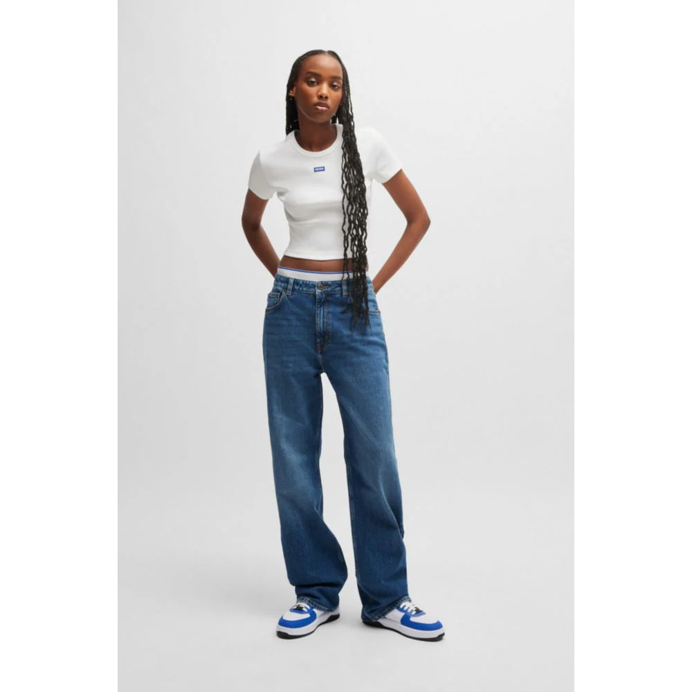 Long-length straight-fit jeans in blue stretch denim