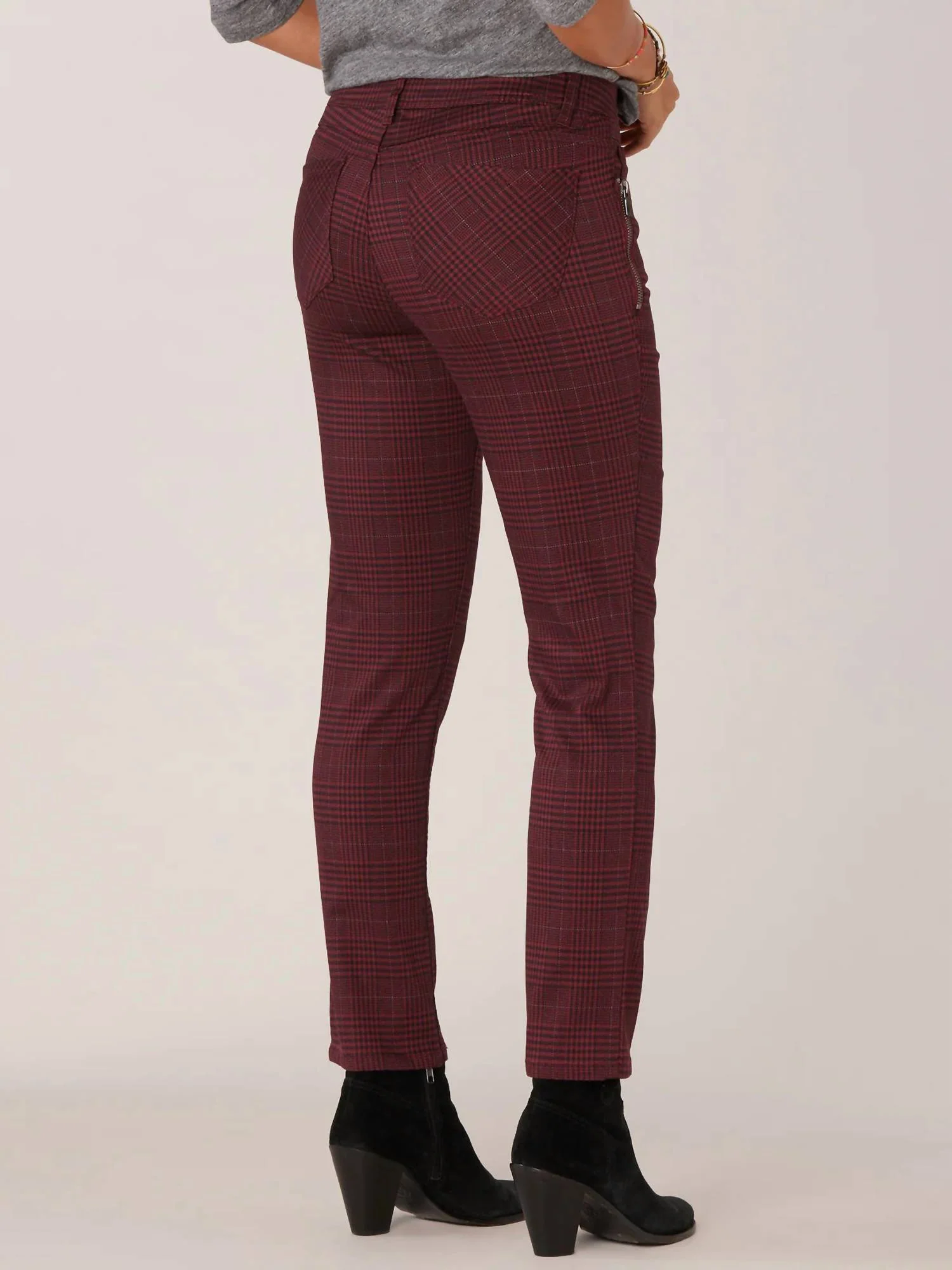 Side Zip Syrah Vintage Skinny Jeans In Burgundy Black Plaid