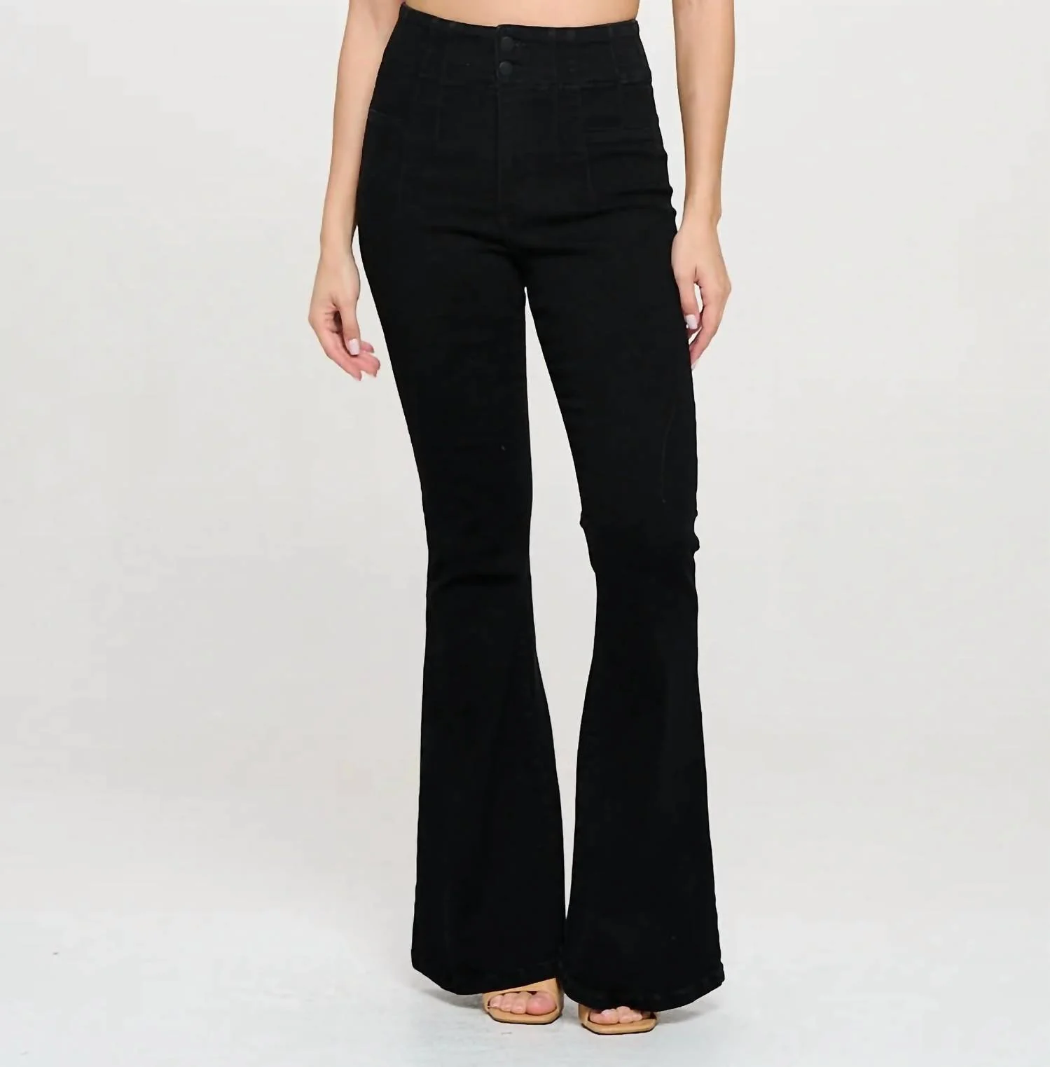 Women's High Waist Two Buttons Flare Jeans In Black
