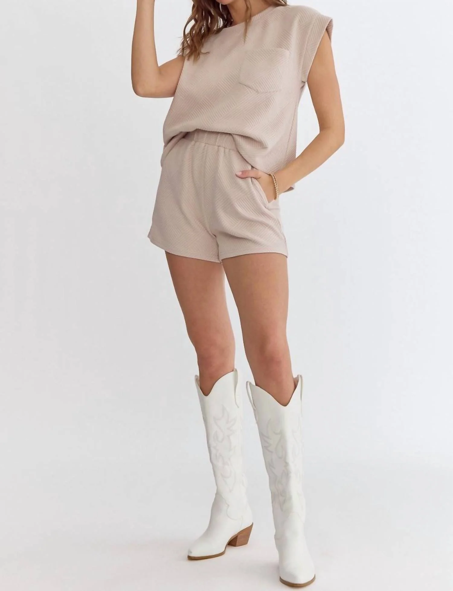 Short Sleeve Textured Short Set In Light Taupe