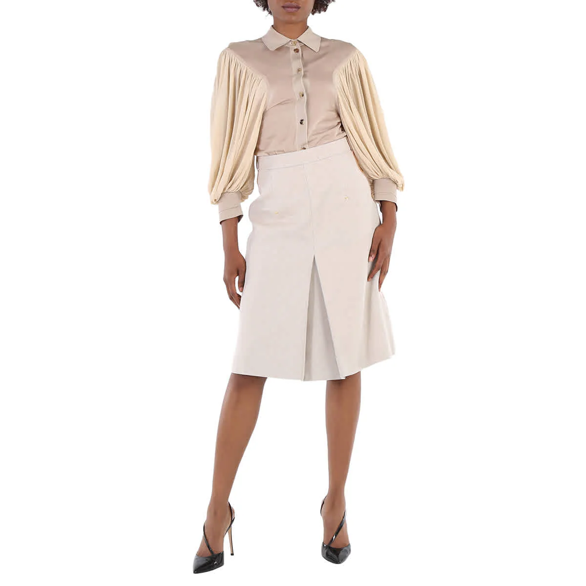 Burberry Soft Fawn Melange Box Pleated Cotton Canvas A-Line Skirt, Brand Size 6 (US Size 4)