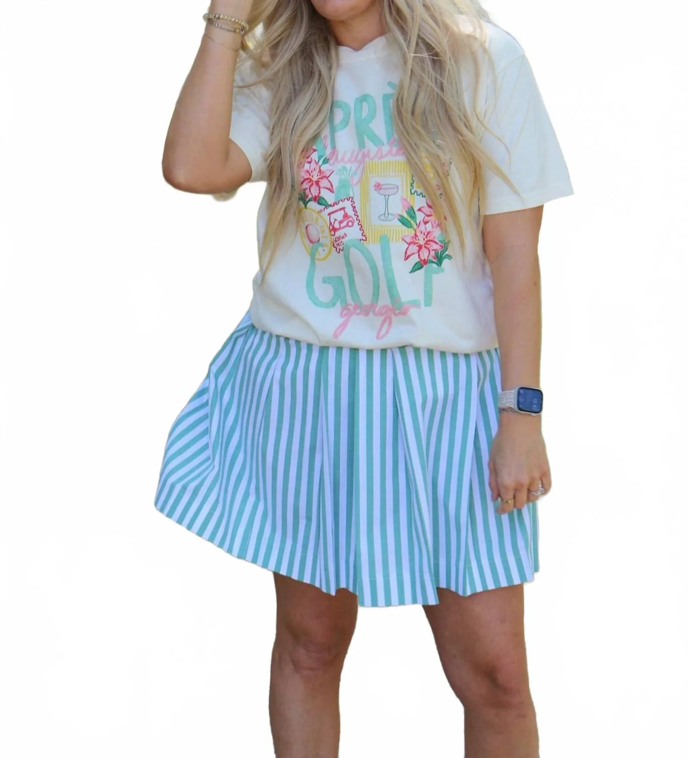 Vacay Countdown Zara Pleated Skirt In Green Stripe