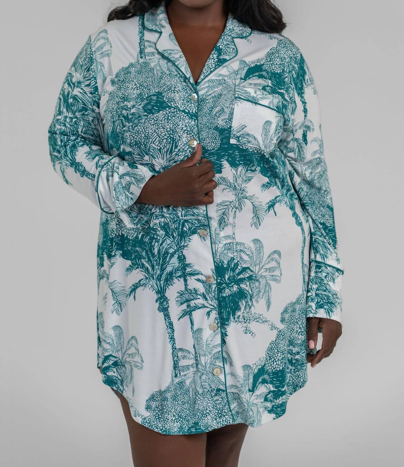 Bamboo Modal Sleep Shirt In Teal Palm Print
