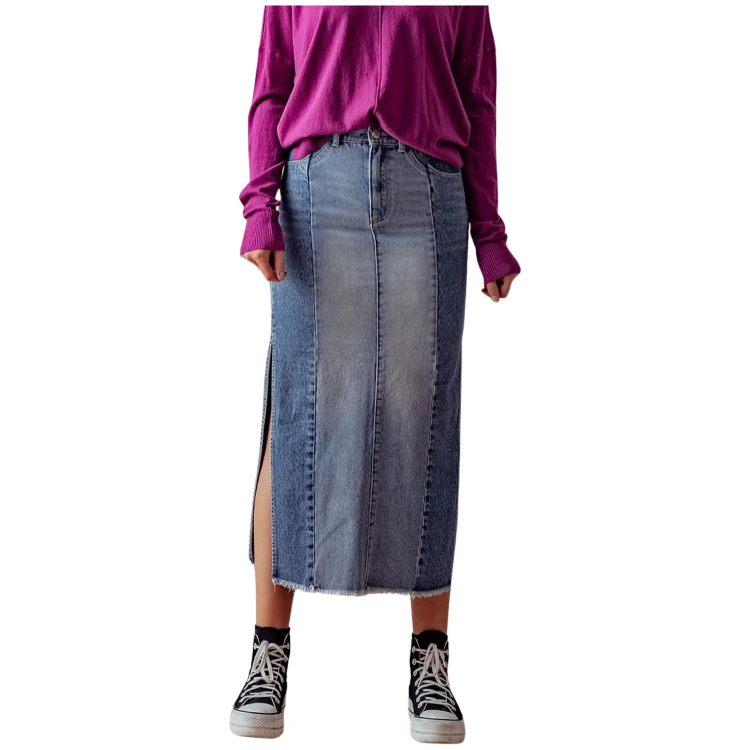 Apparel Trend Notes Side Slit Denim Skirt In Washed Denim