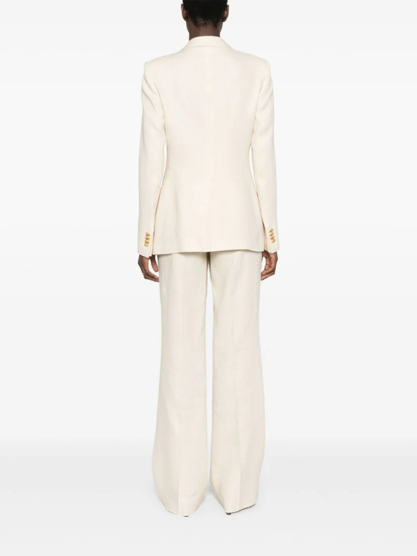 Ecru Linen Tailored Suit With Wide-Leg Trousers