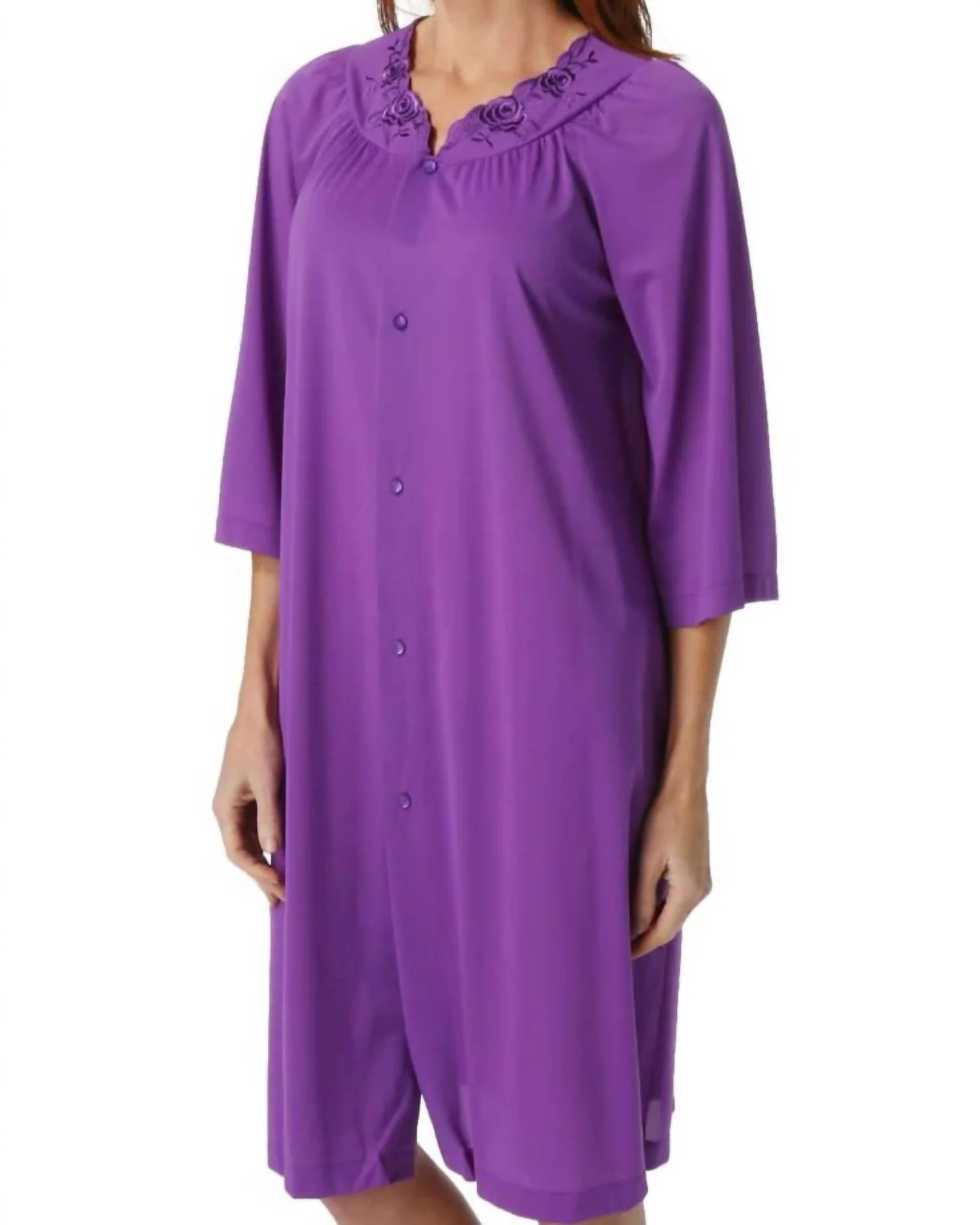 Short 3/4 Sleeve Button Down Robe In Purple