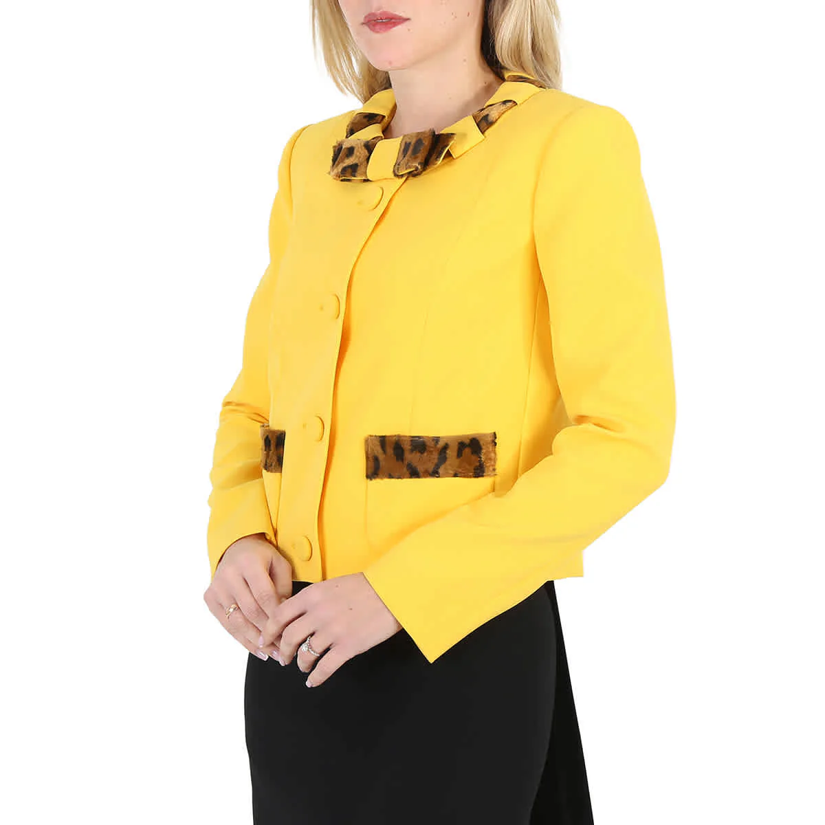 Moschino Ladies Yellow Leopard Print Detail Crepe Blazer, Brand Size 40 (US Size 6)