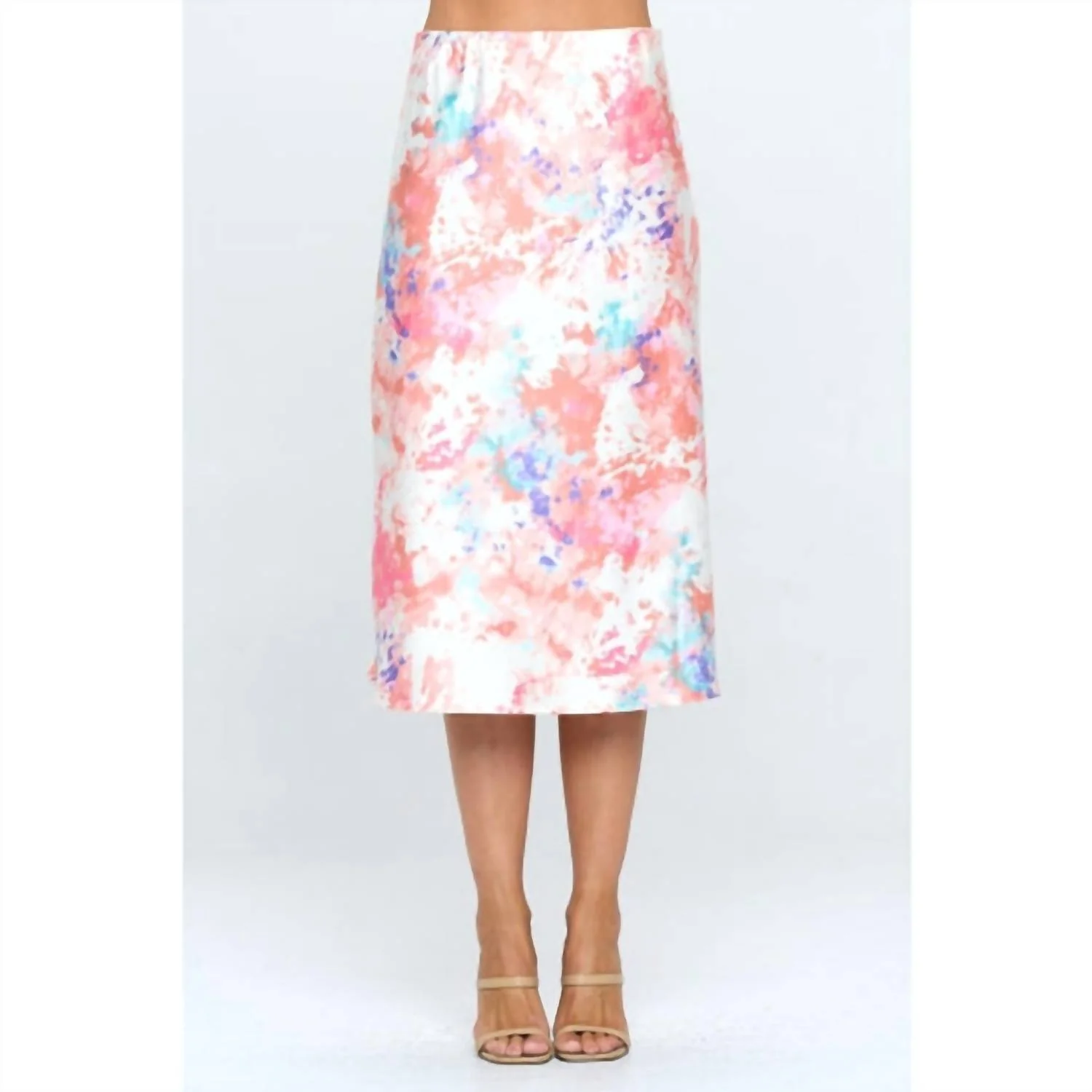 Spring Satin Midi Skirt In Pink Tie Dye