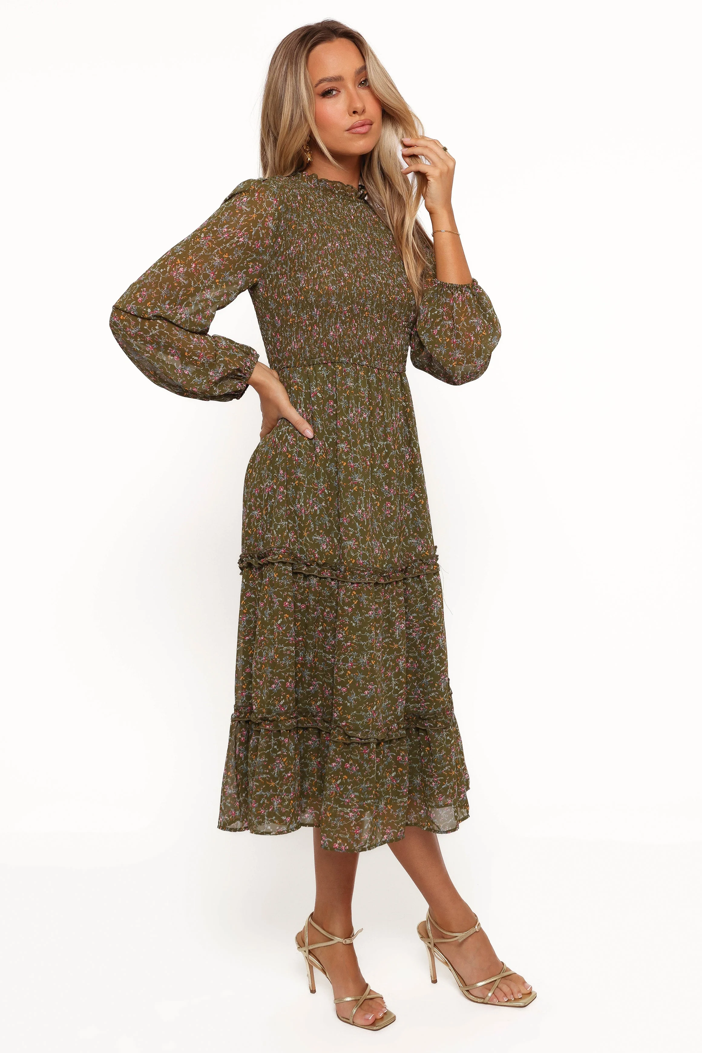 Edwina Shirred Frill Long Sleeve Midi Dress - Olive Floral