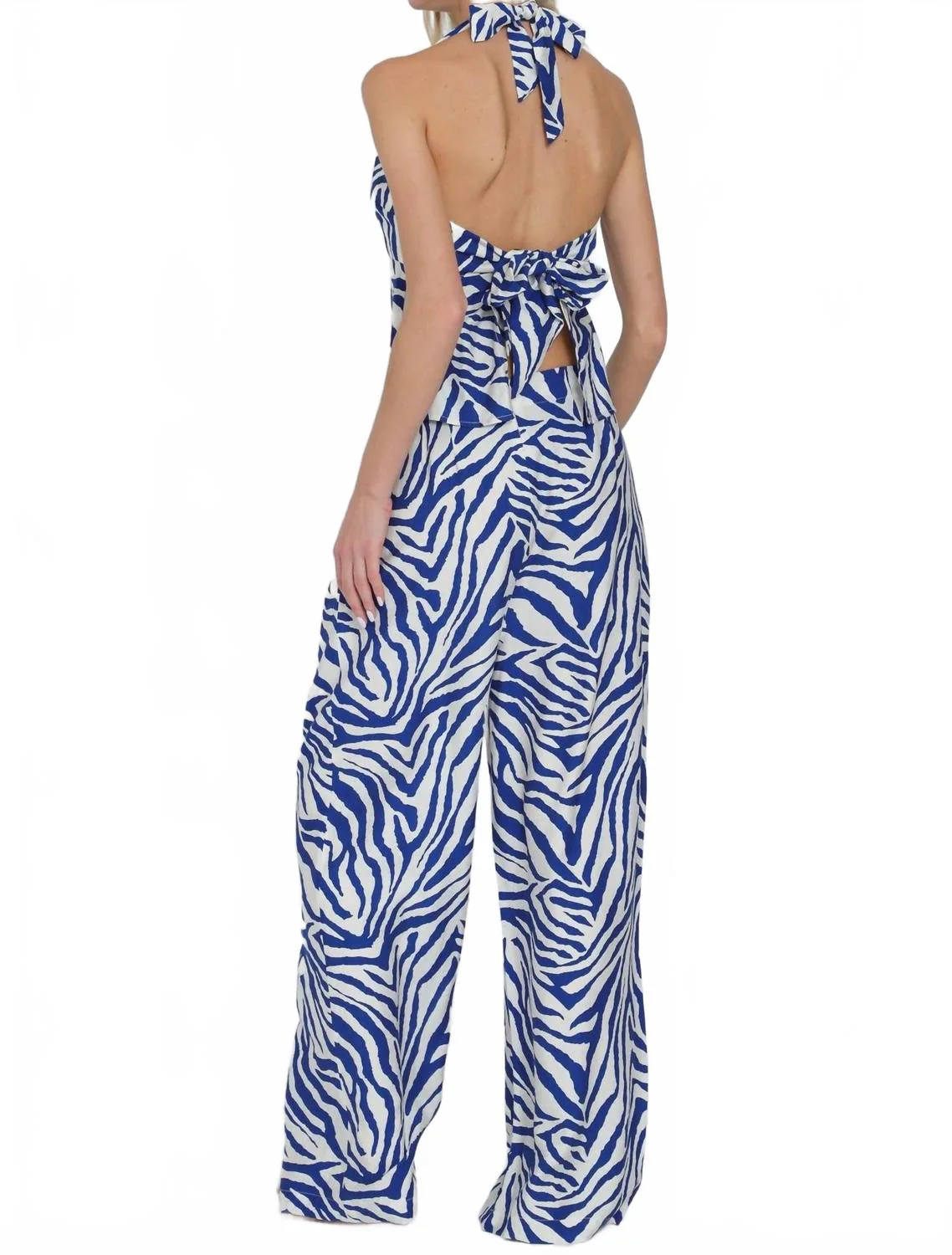 Halter Tie Back Waisted Top & Long Pants Set In Ivory/blue
