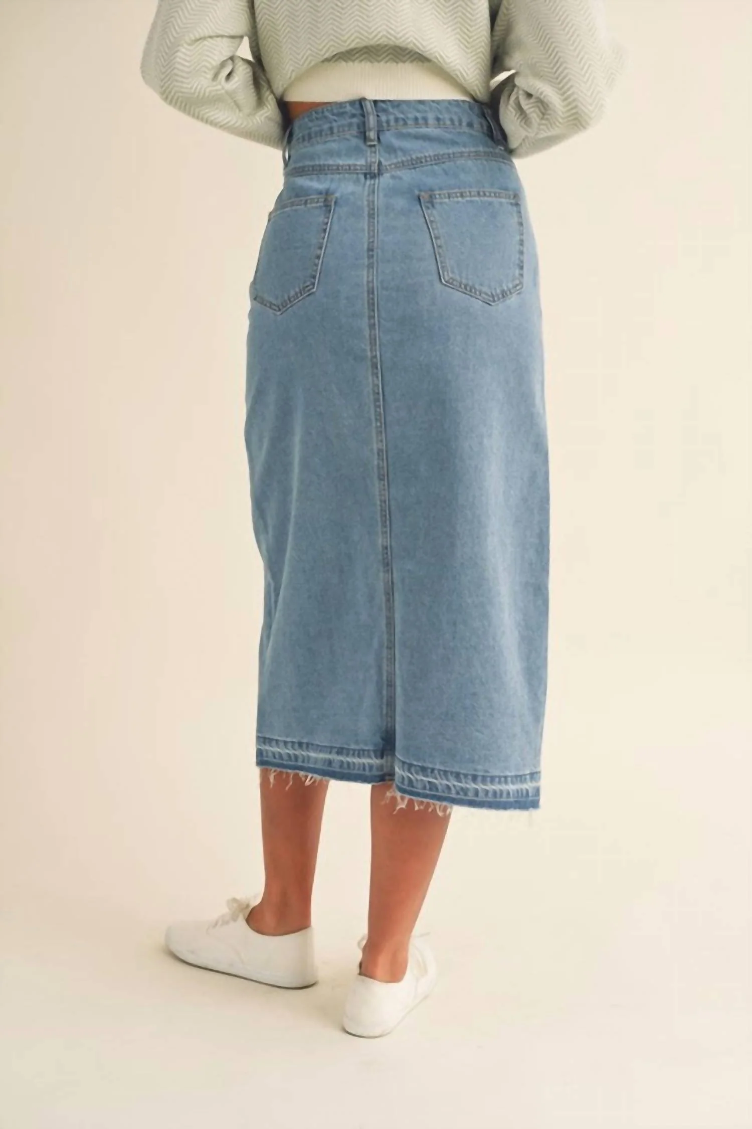Front Slit Midi Denim Skirt In Blue
