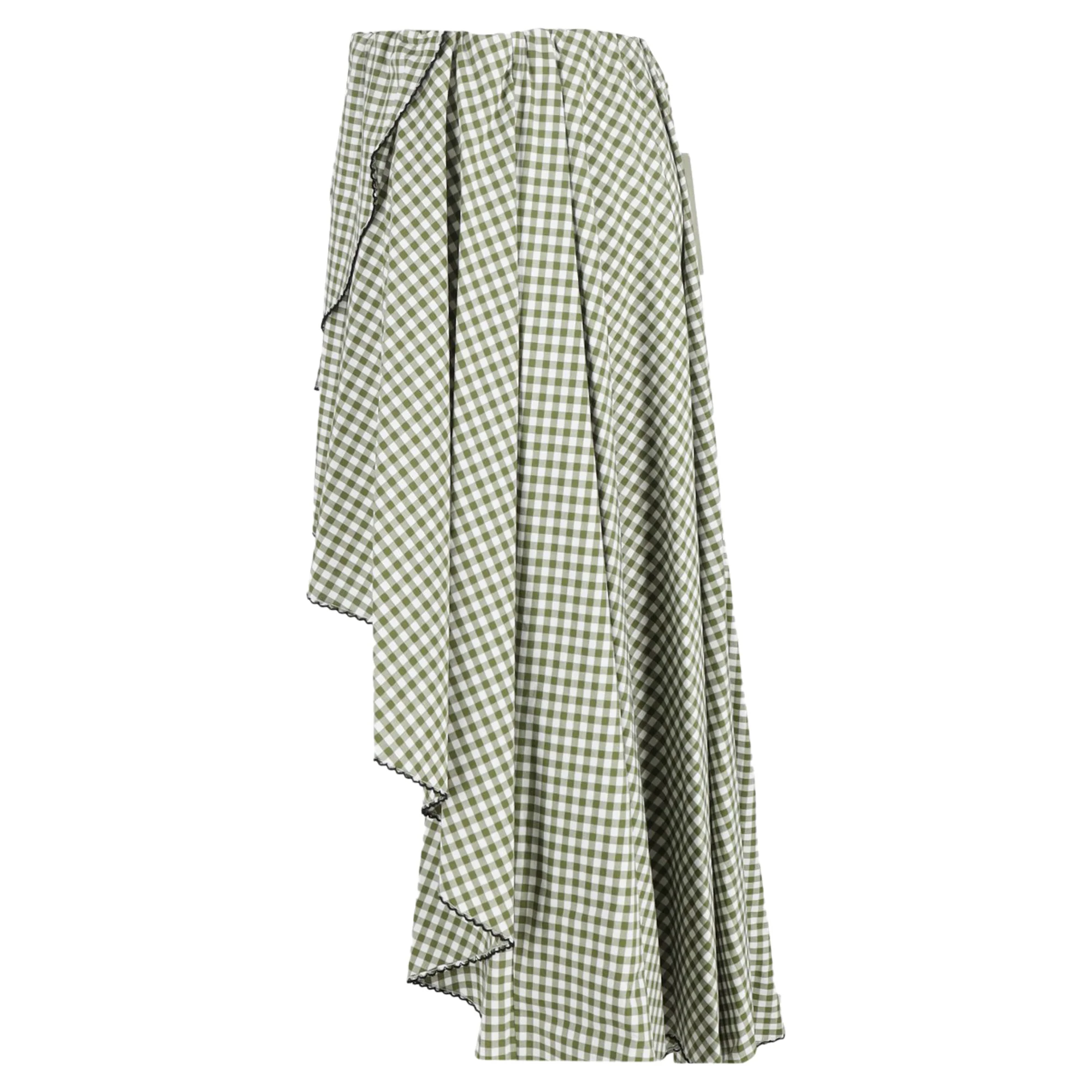 Caroline Constas Adelle Gingham Midi Asymmetric Skirt in Green Cotton