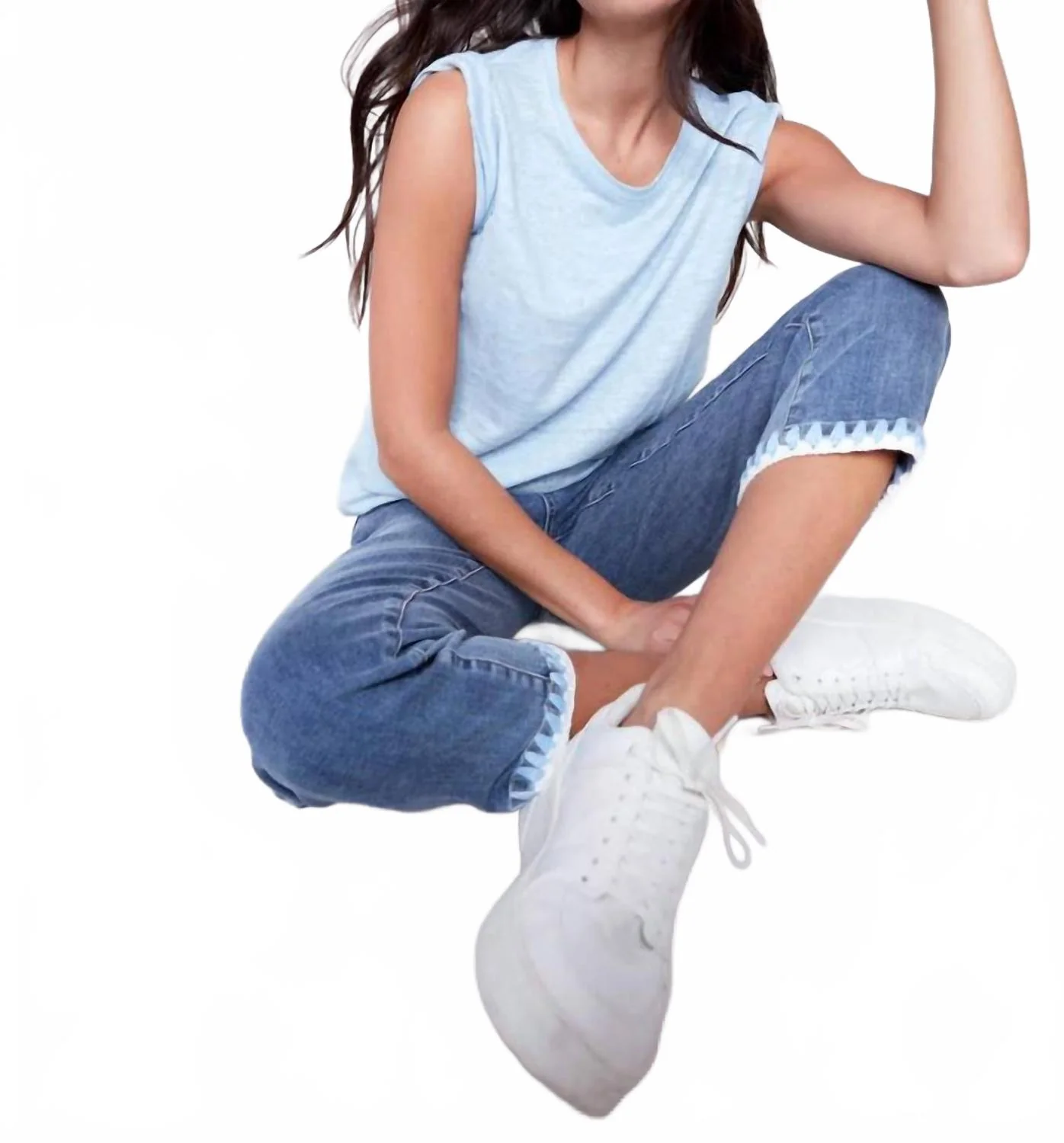 Embroidered Denim Pant In Bleu Moyen