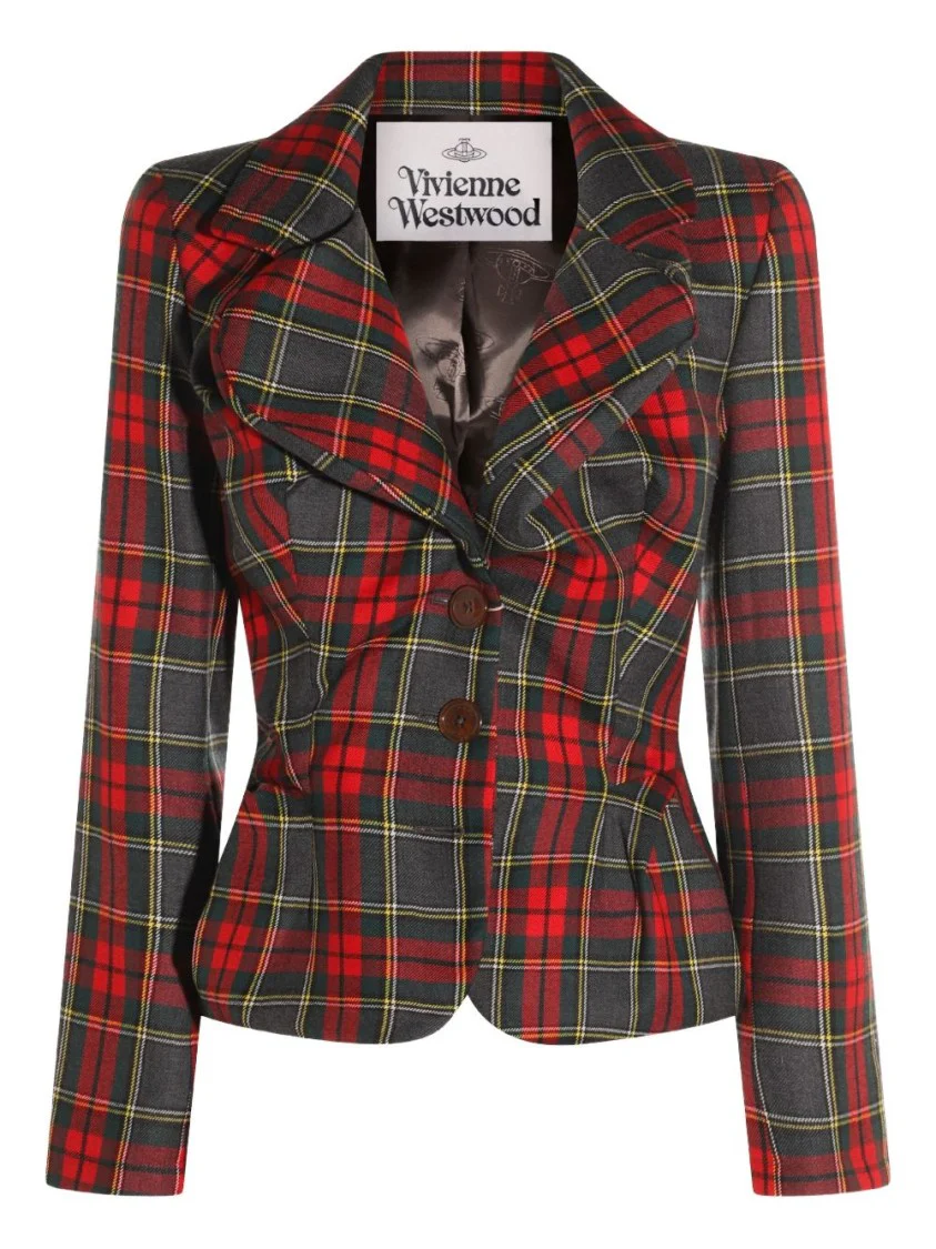 Plaid Tailored Jacket With Notch Lapel And Button-Detail Cuffs