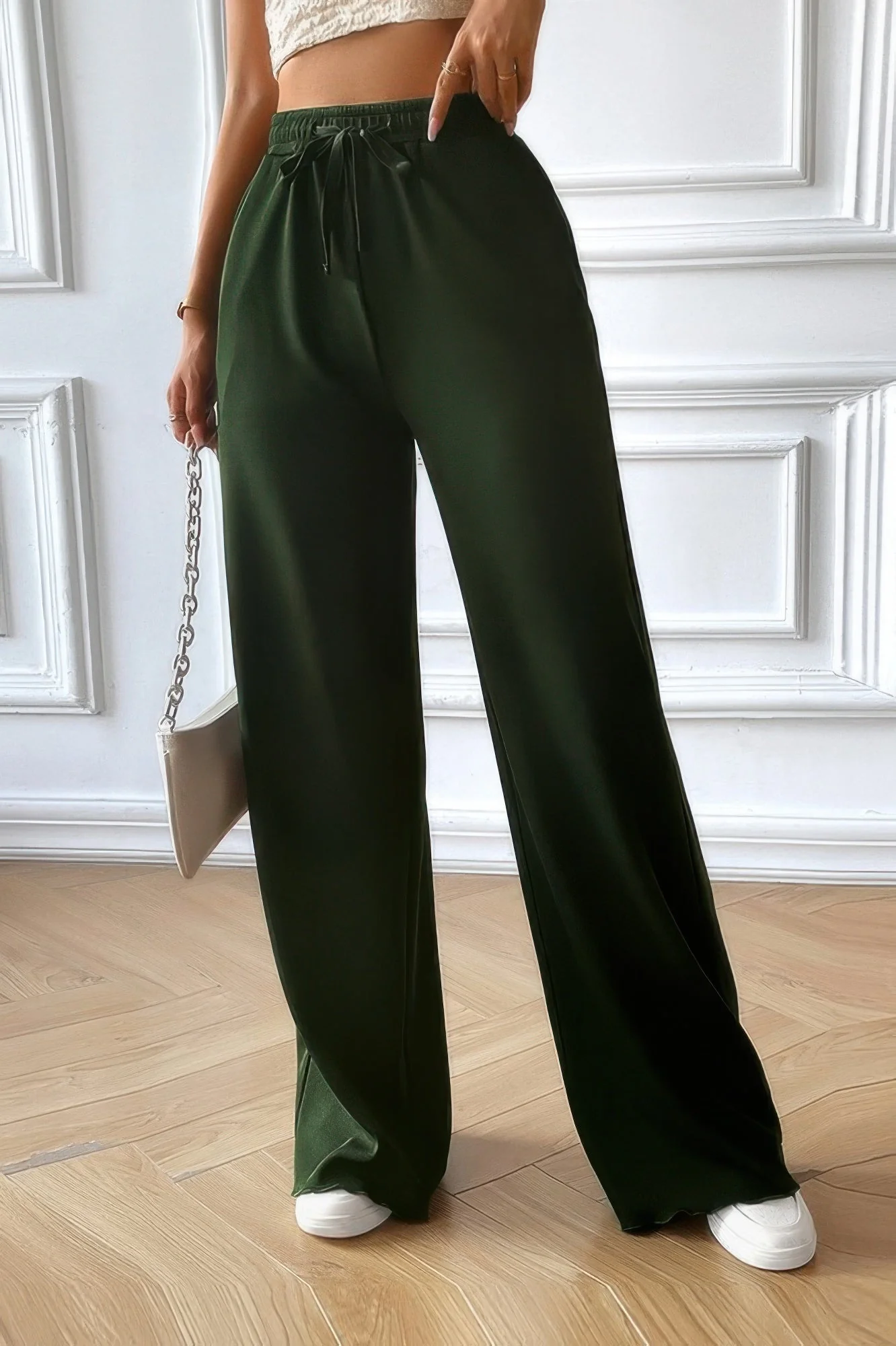 TRUEDAMES Solid Pockets Elastic Waist Loose Straight Pants