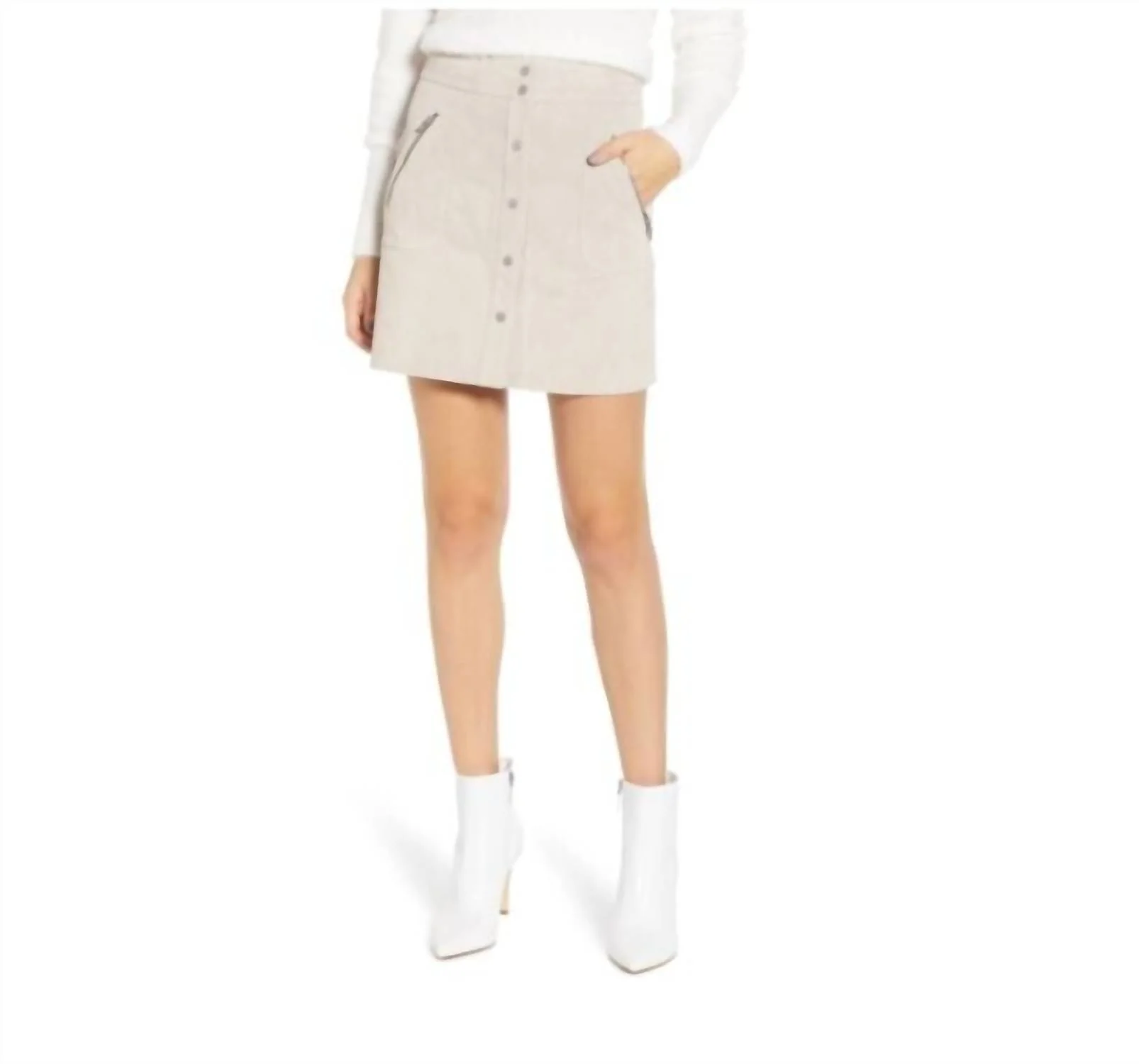 Snap Front Suede Leather Zip A Line Mini Skirt In Nude